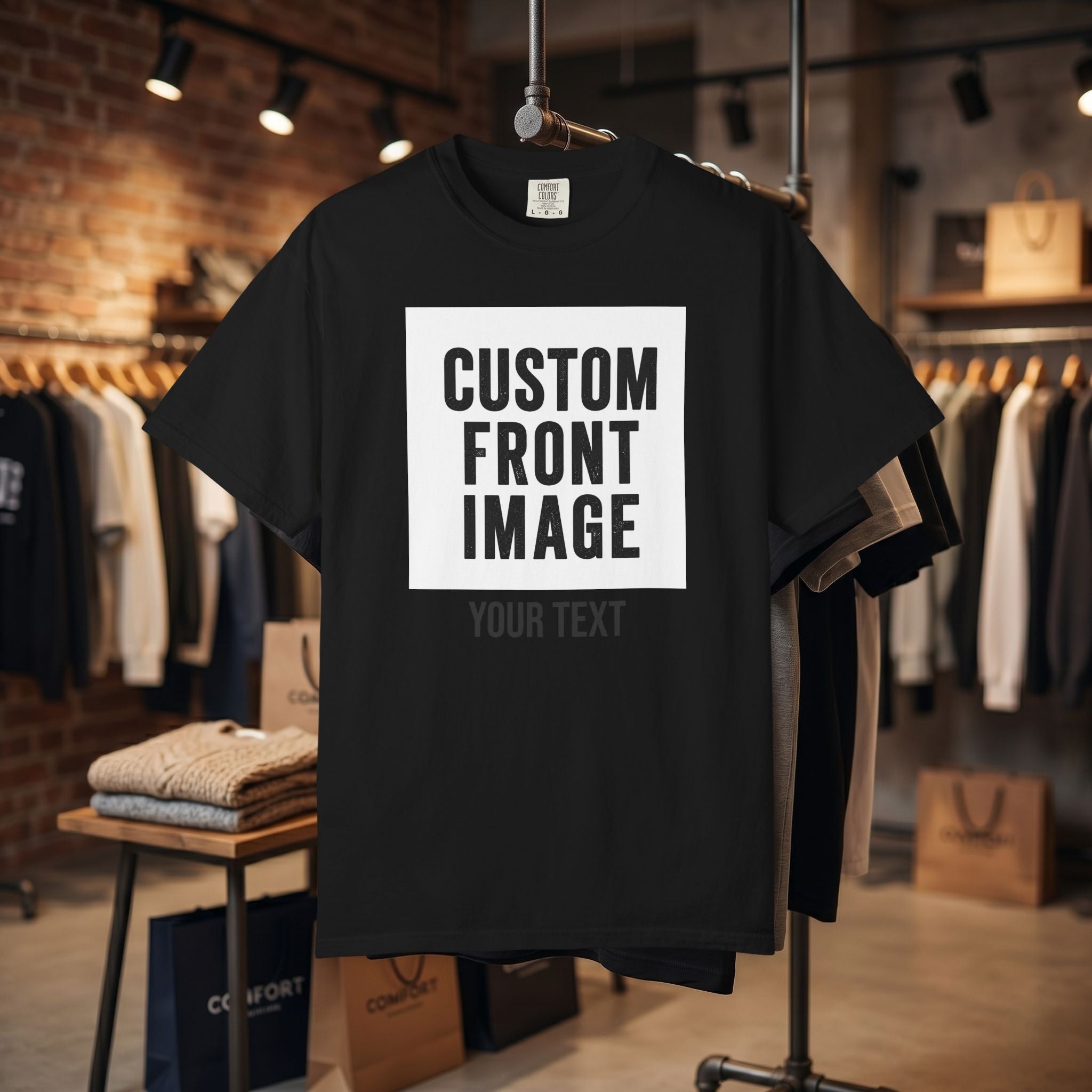 Custom Front Square Print T-Shirt — Personalized Text Bottom & Image Tee