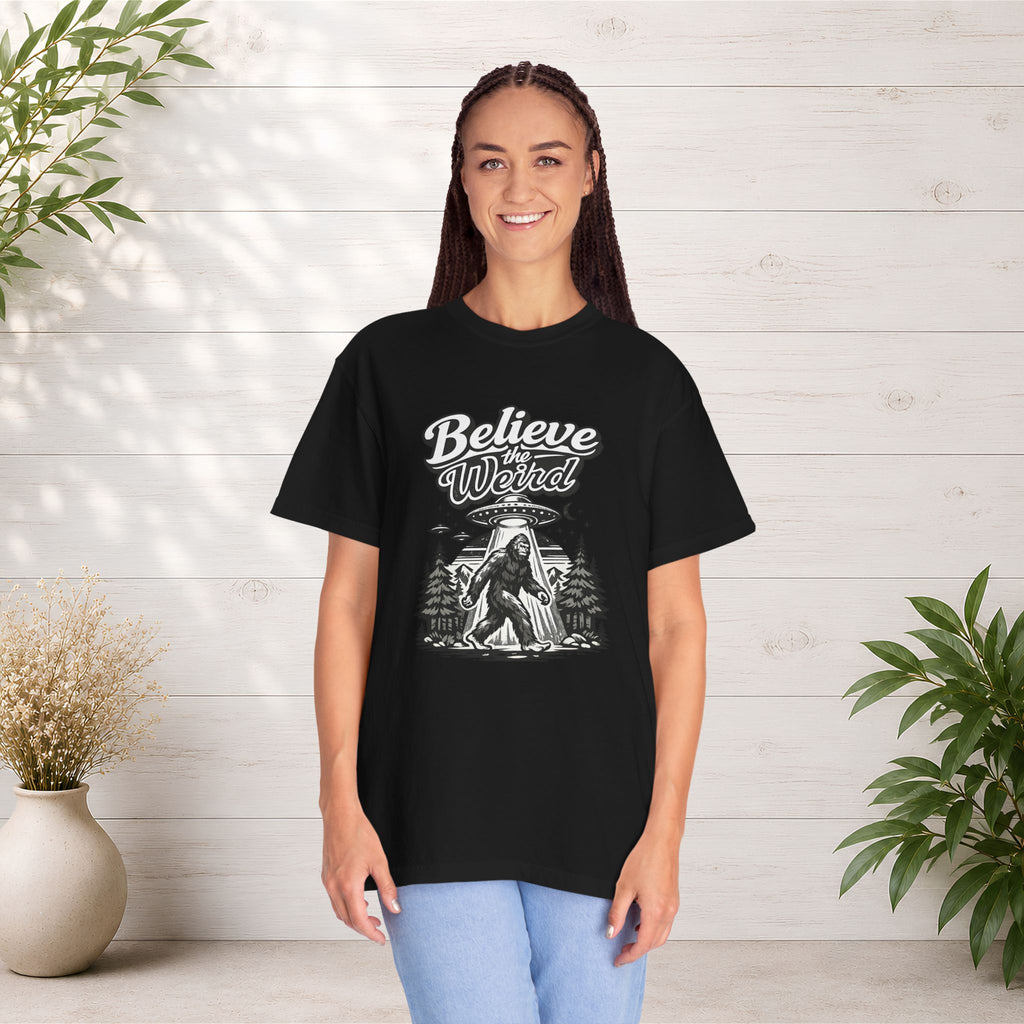 Believe the Weird T-Shirt — Bigfoot Forest UFO Graphic Tee