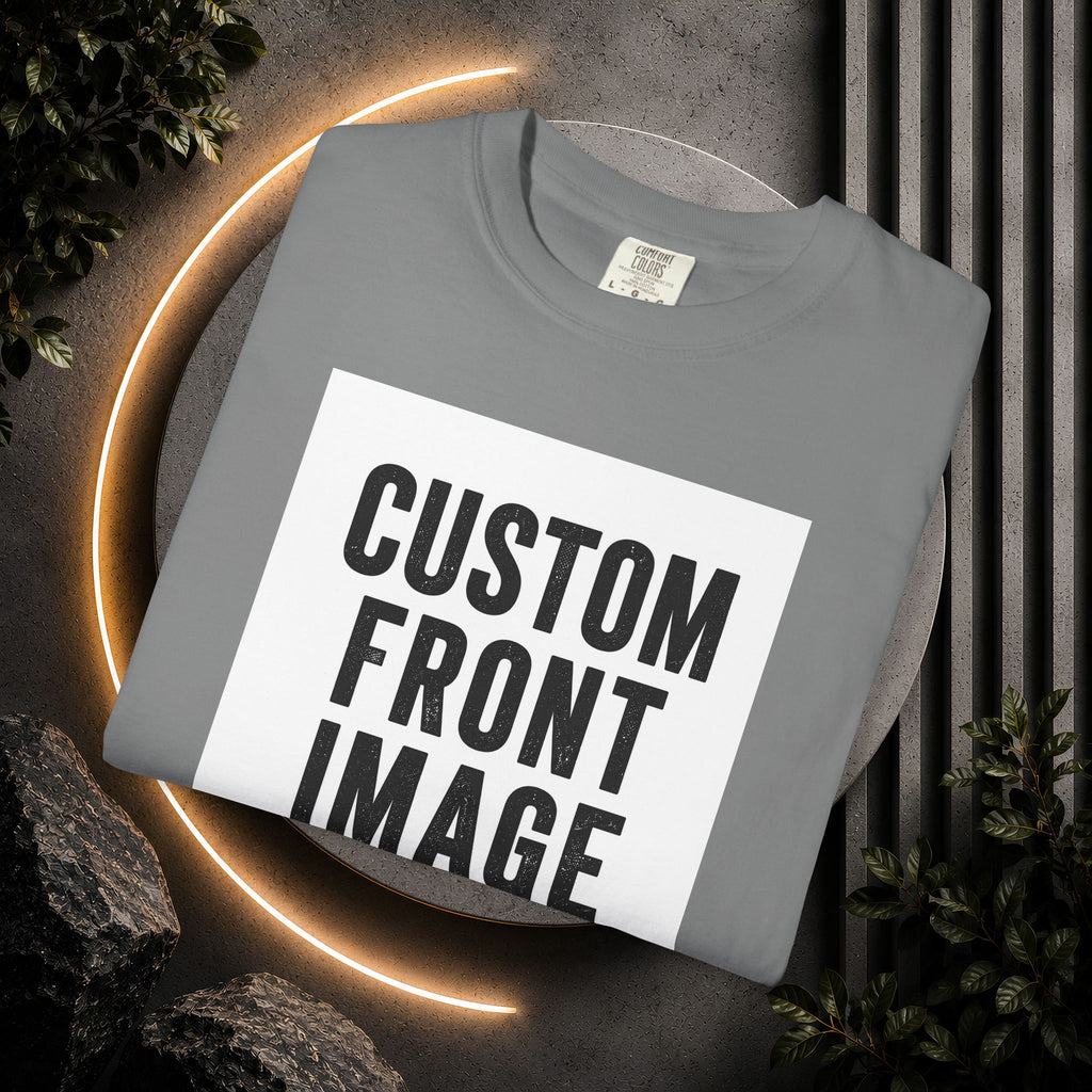 Custom Front Square Print T-Shirt — Personalized Text Bottom & Image Tee