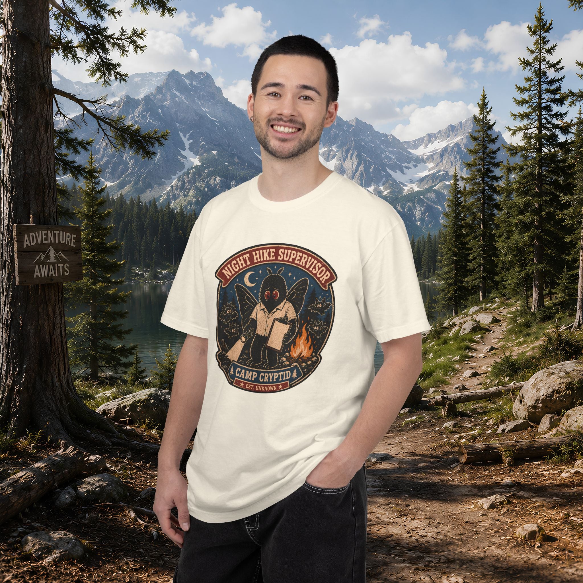 Night Hike Supervisor Mothman T‑Shirt — Camp Cryptid Retro Outdoor Badge