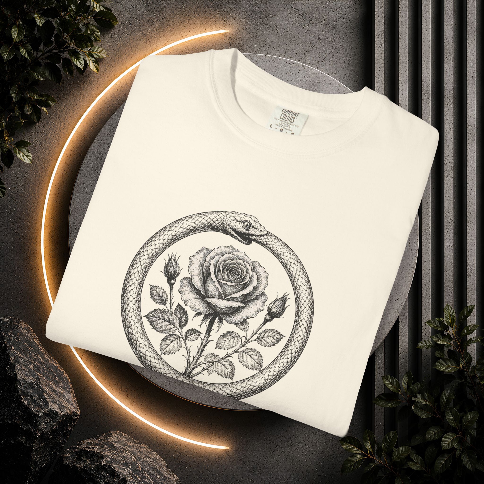 Rose in Ouroboros Snake Circle T-shirt | Botanical Vintage Line Art