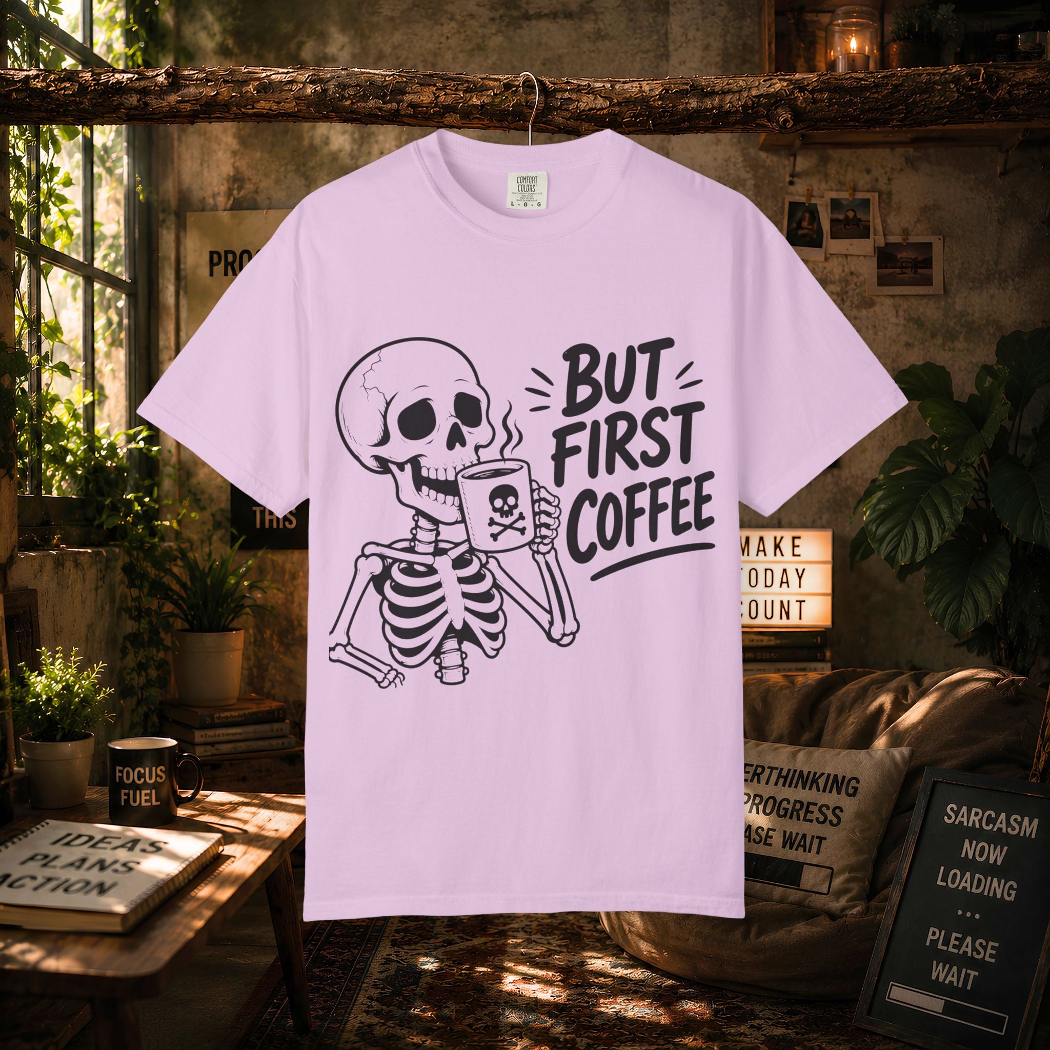 Skeleton Holding Coffee But First Coffee T-Shirt | Coffee Lover Tee