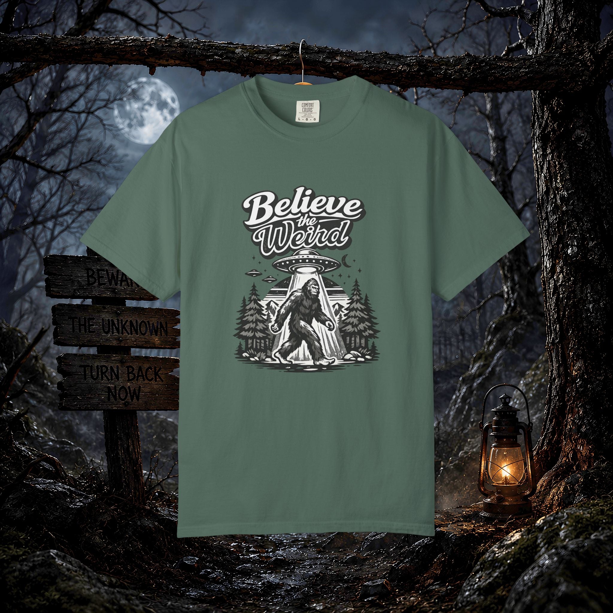 Believe the Weird T-Shirt — Bigfoot Forest UFO Graphic Tee