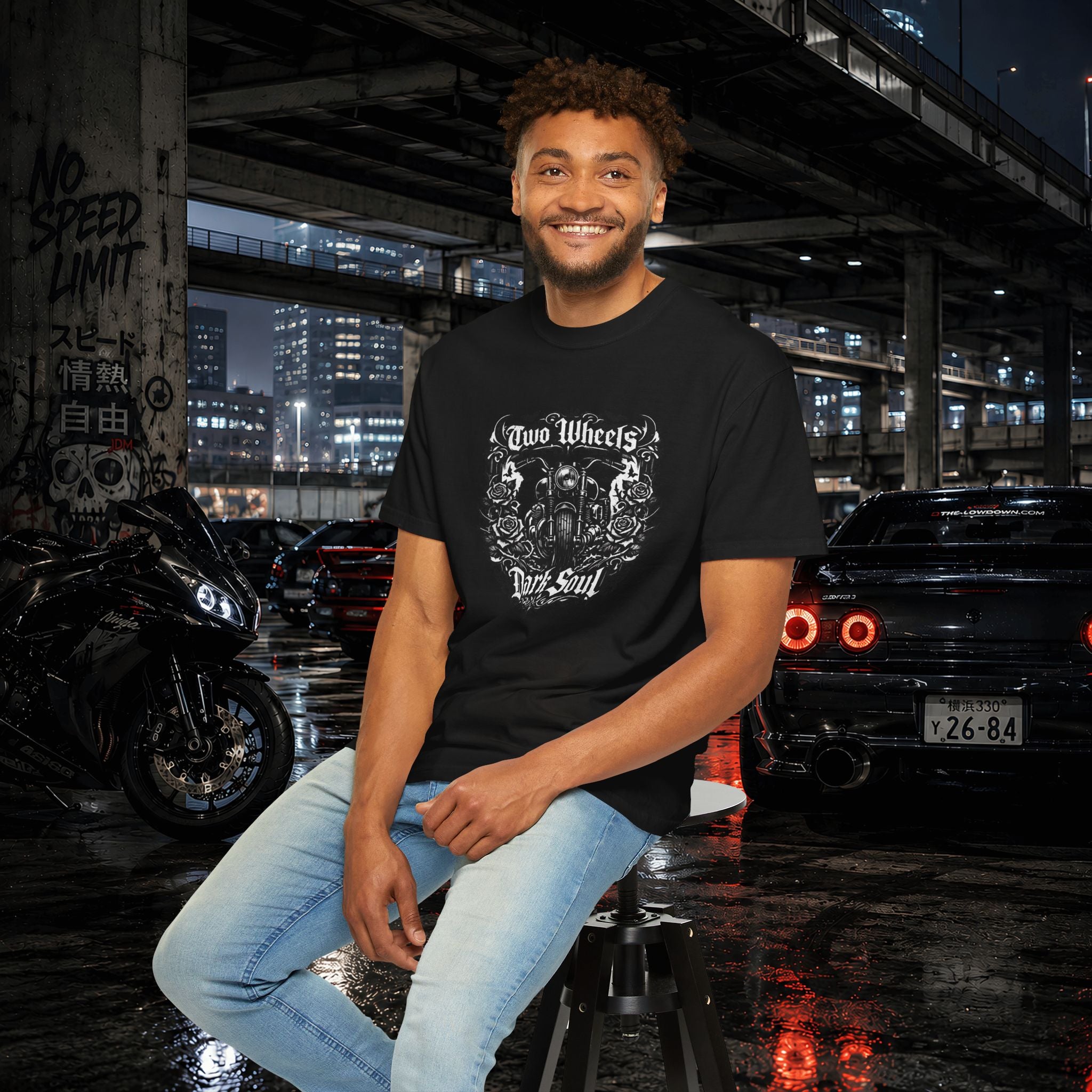 Dark Soul Motorcycle T-Shirt — "Two Wheels Dark Soul" Biker Graphic Tee