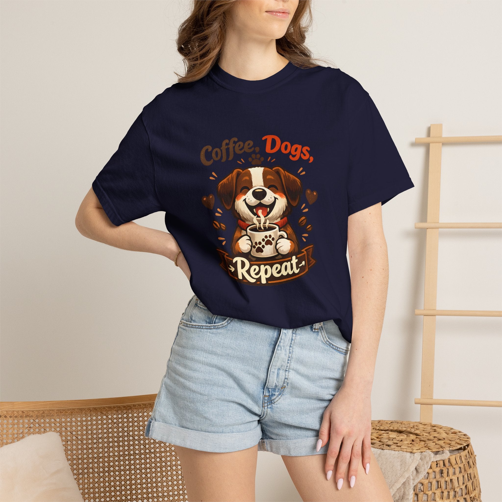 "Coffee, Dogs, Repeat" Cute Dog & Coffee Graphic T-Shirt