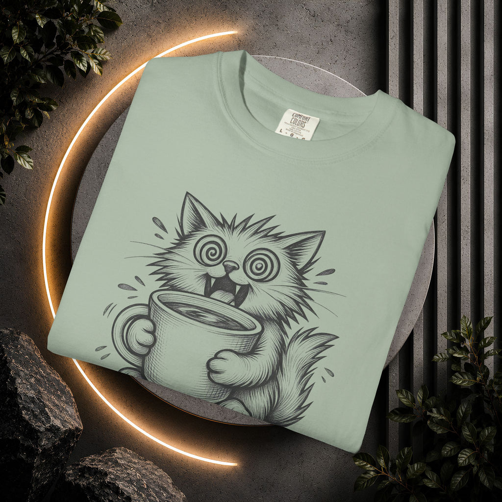 Caffeinated Cat T-Shirt — "Caffeinated Catastrophe" Coffee Lover Tee