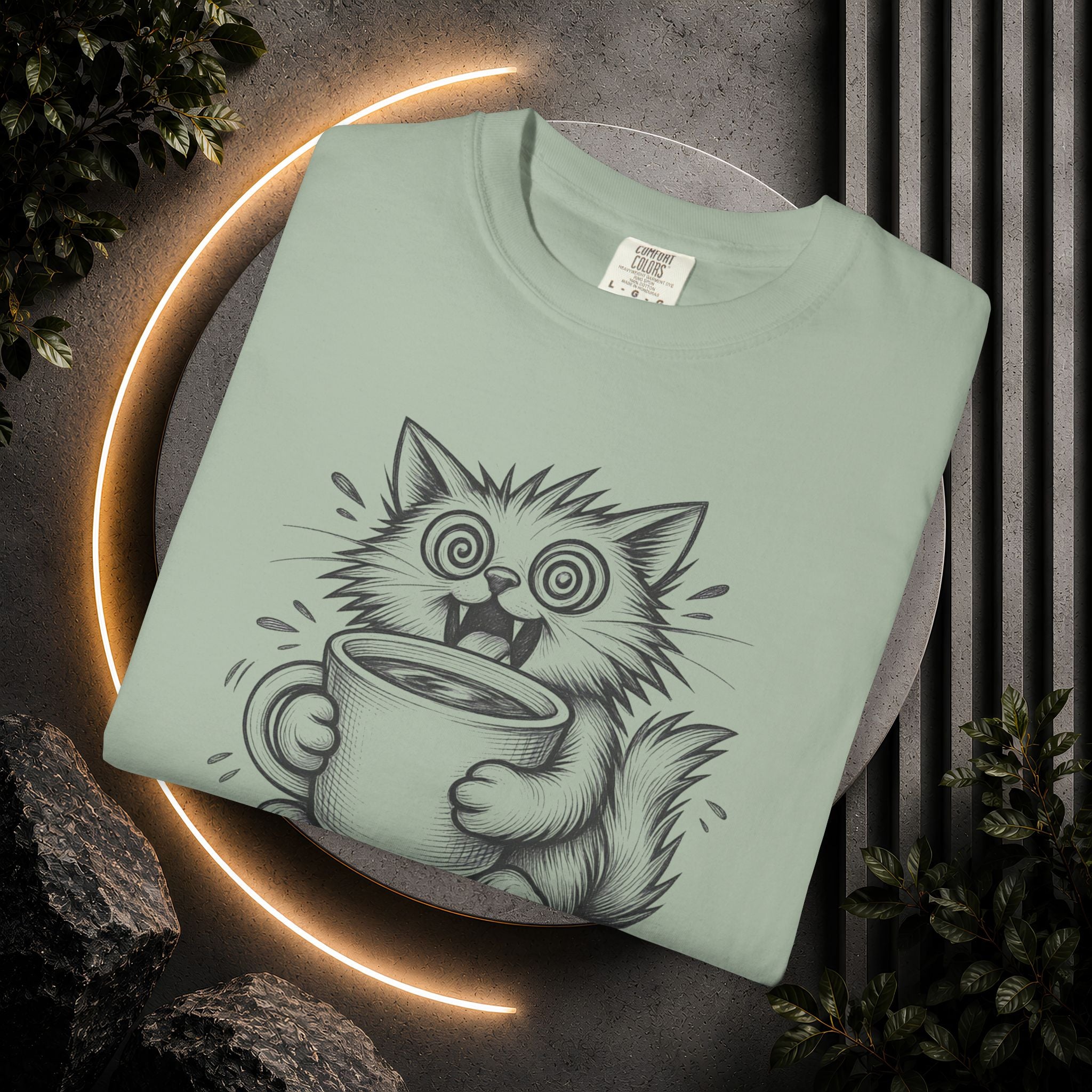Caffeinated Cat T-Shirt — "Caffeinated Catastrophe" Coffee Lover Tee