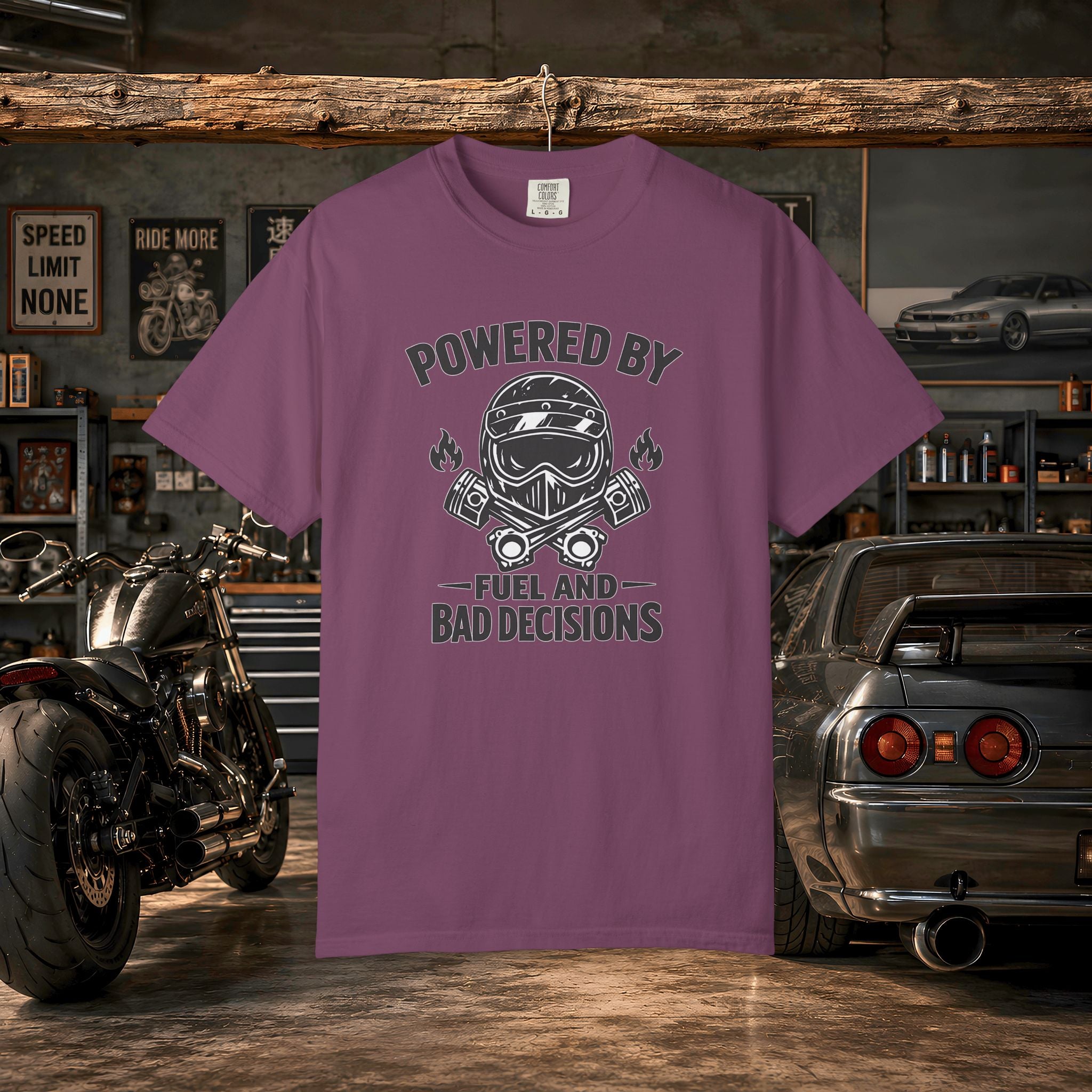 Powered By Fuel And Bad Decisions T-Shirt — Motorcycle Helmet Graphic Tee