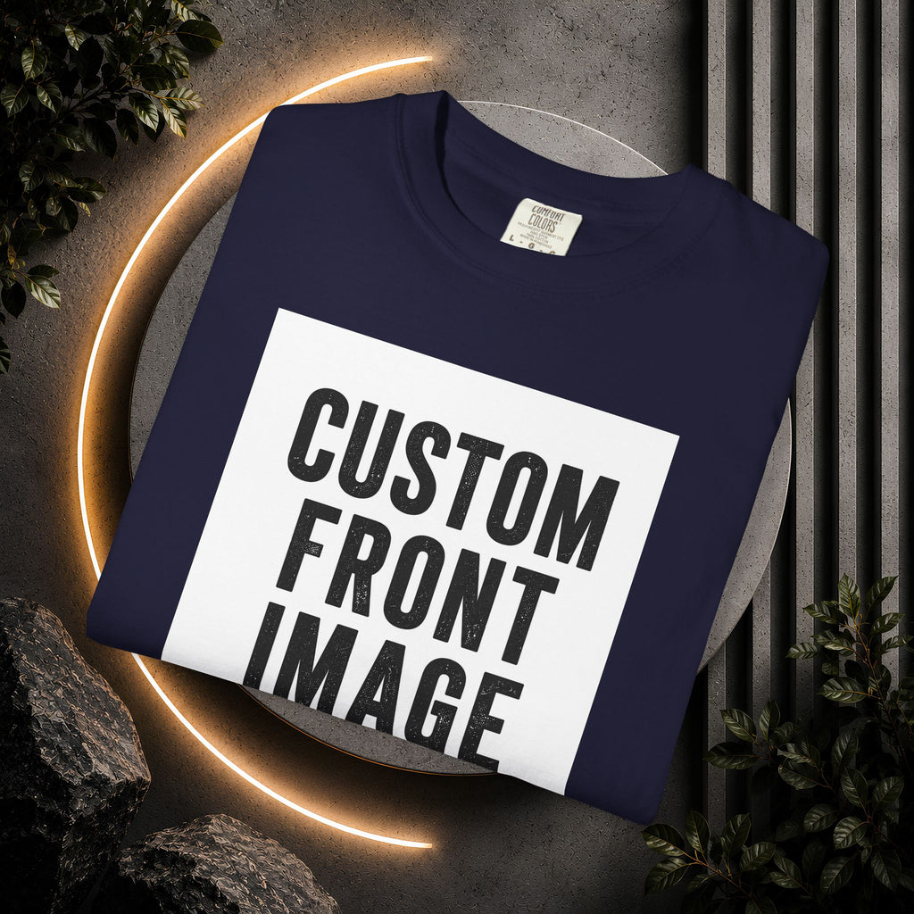 Custom Front Square Print T-Shirt — Personalized Text Bottom & Image Tee