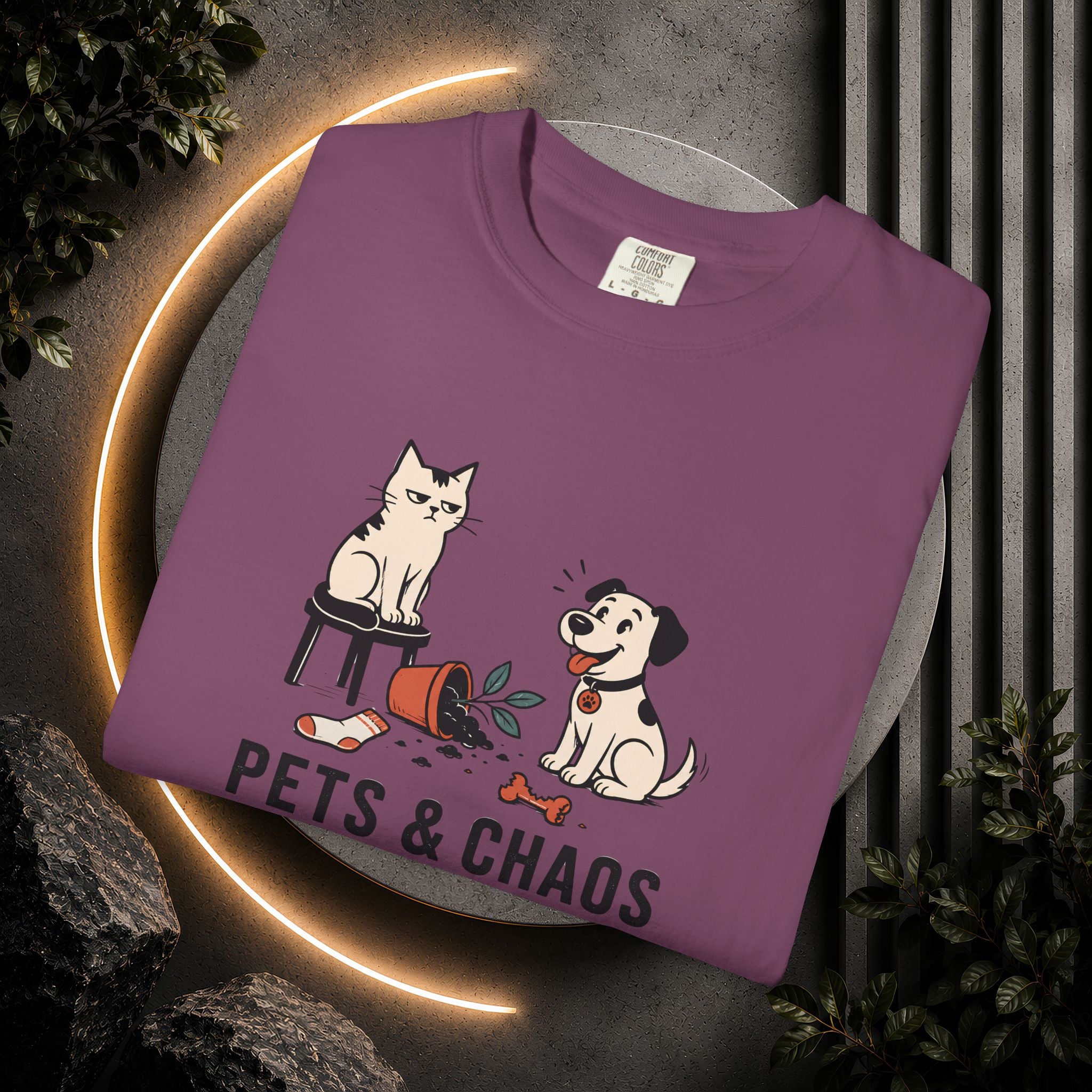 Pets & Chaos Graphic T-Shirt — Funny Cat and Dog Design