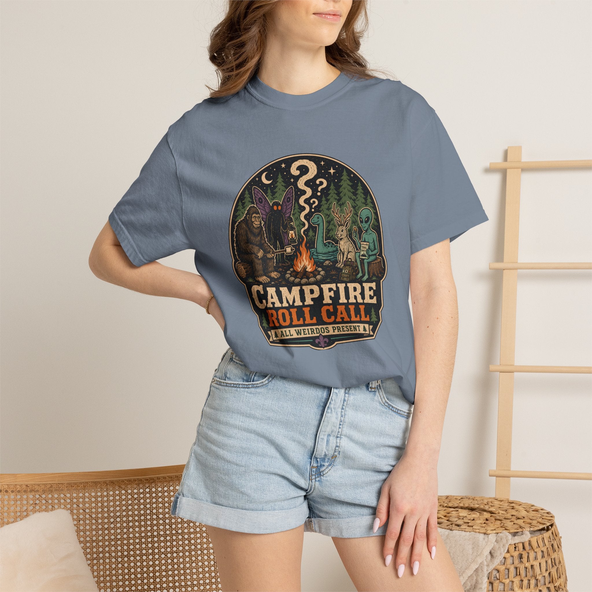 Campfire Cryptid Roll Call T-Shirt — Vintage Camping Patch Graphic