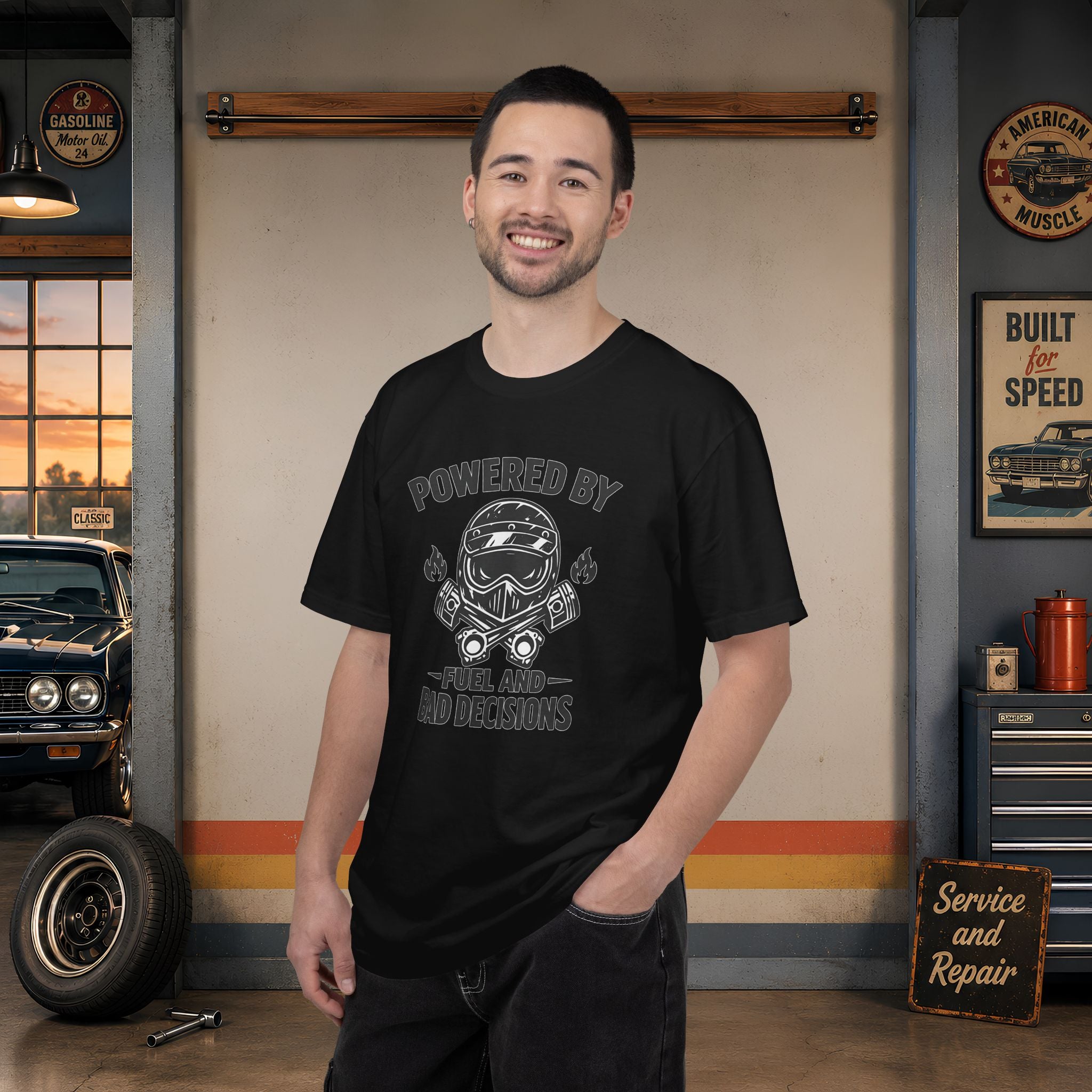 Powered By Fuel And Bad Decisions T-Shirt — Motorcycle Helmet Graphic Tee