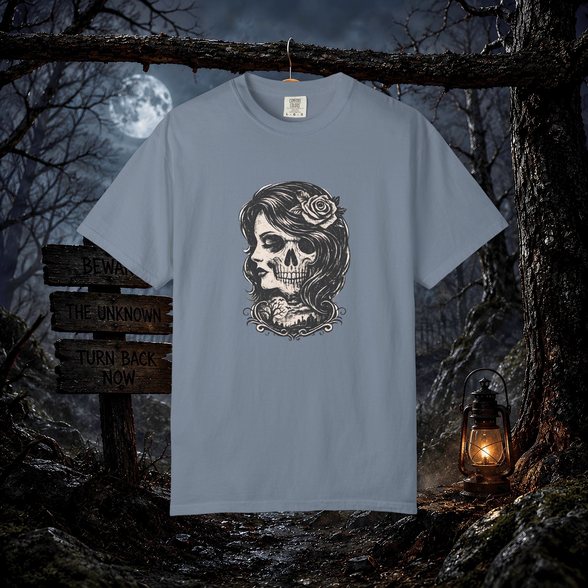 Skull Lady Rose T-Shirt — Vintage Day of the Dead Portrait Tee