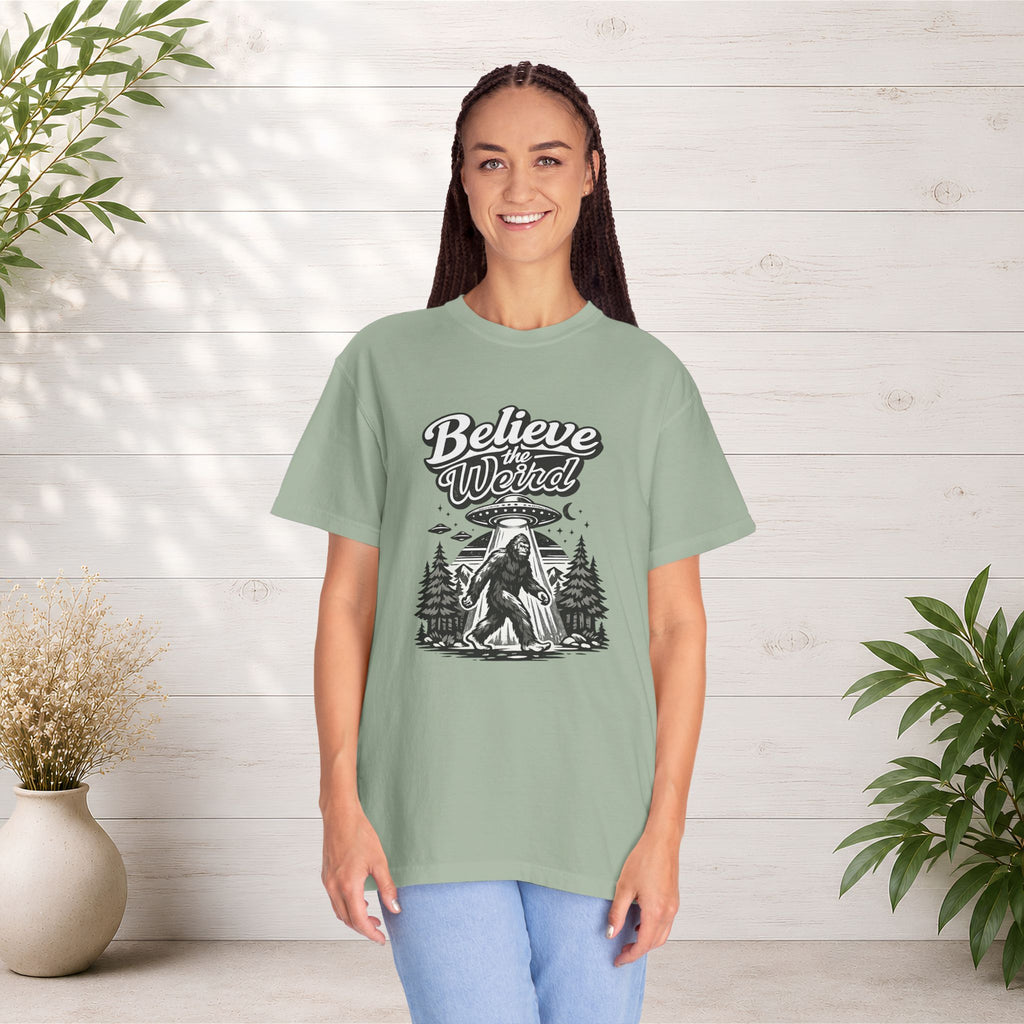 Believe the Weird T-Shirt — Bigfoot Forest UFO Graphic Tee