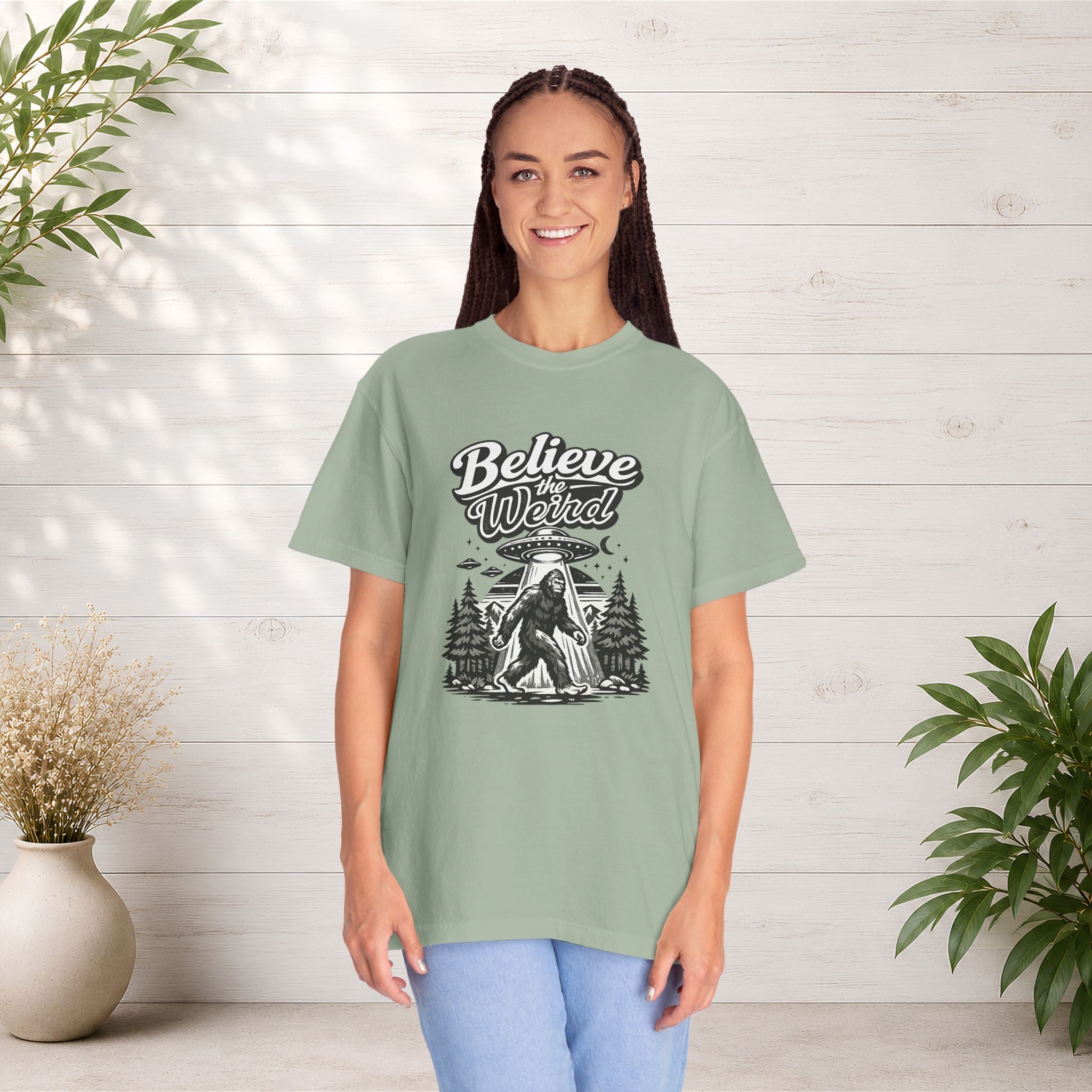 Believe the Weird T-Shirt — Bigfoot Forest UFO Graphic Tee