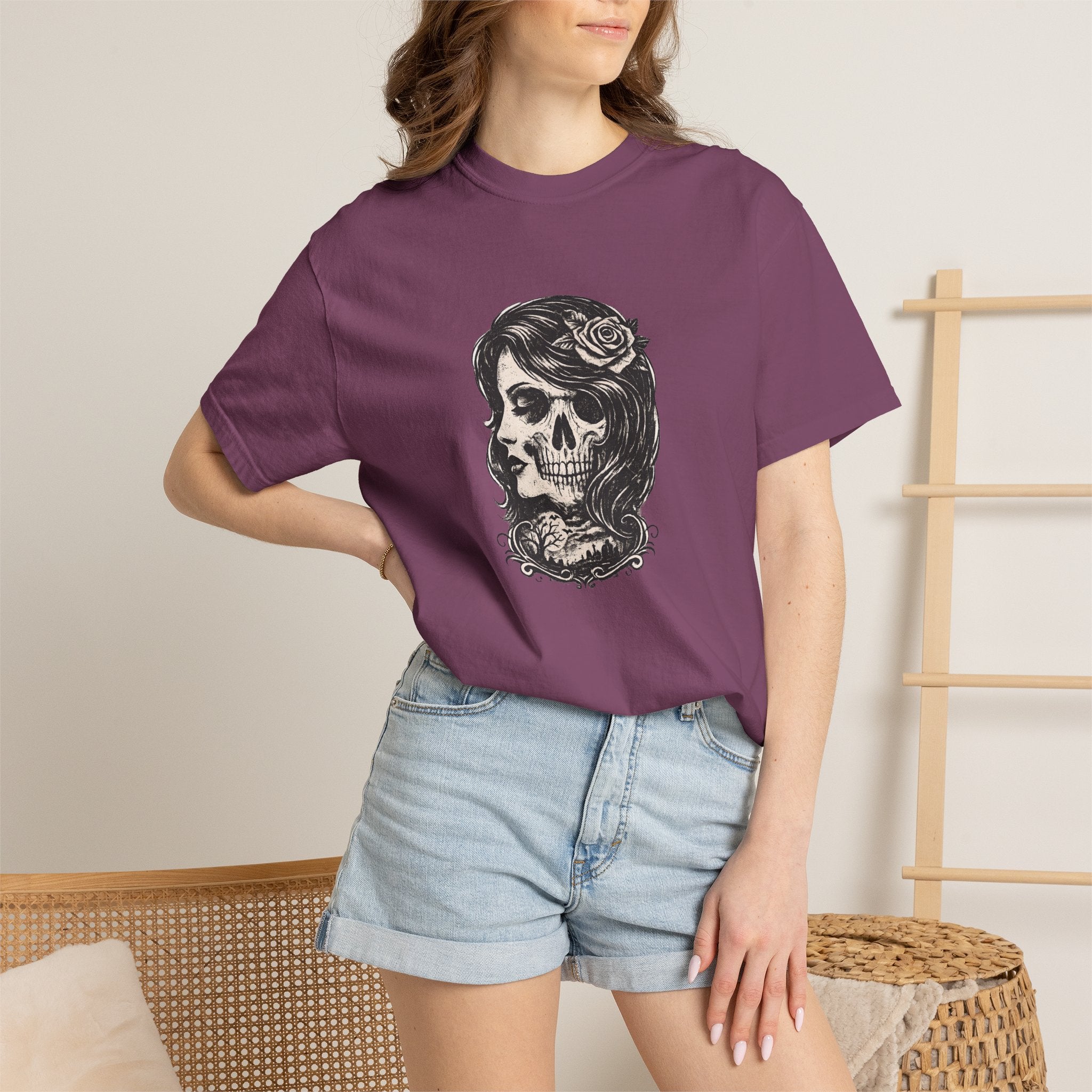 Skull Lady Rose T-Shirt — Vintage Day of the Dead Portrait Tee