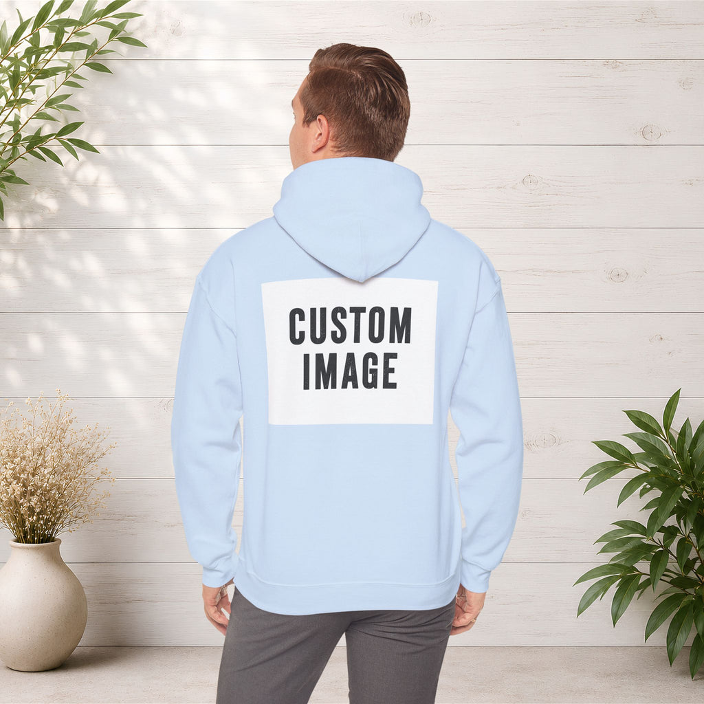 Custom Front Small Left and Back Image Hoodie — Personalized White Pullover Hooded Sweatshirt