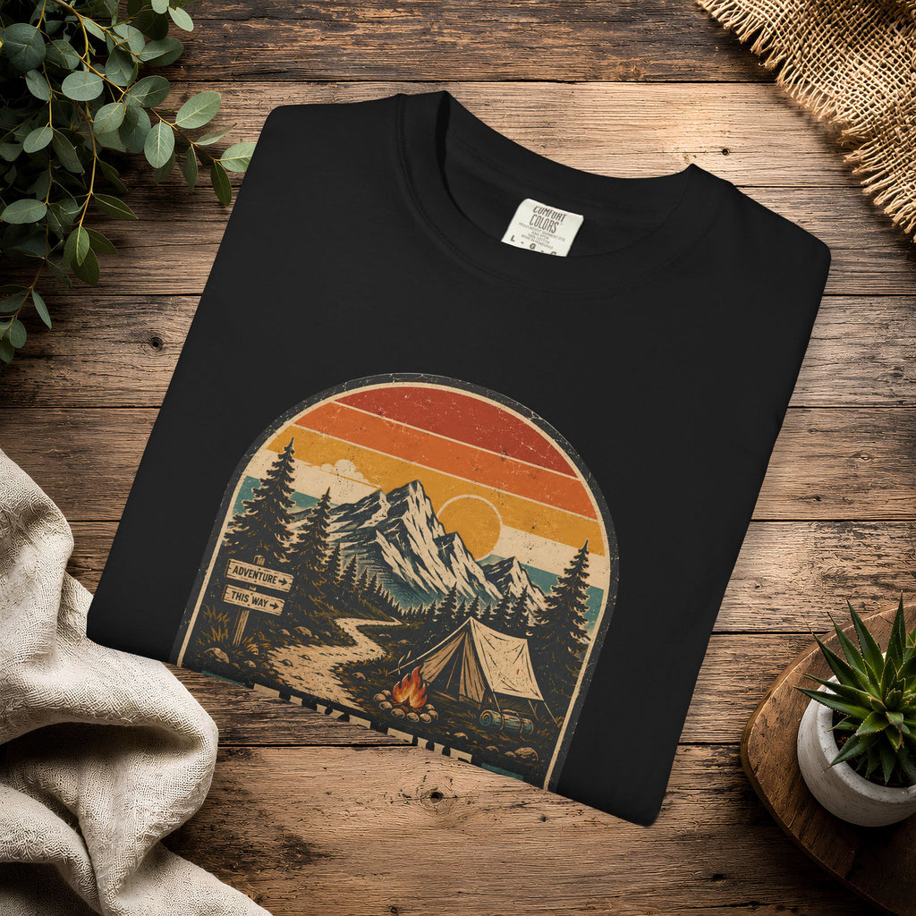 Scenic Route Camping T-Shirt — Retro Mountains & Tent Outdoor Tee