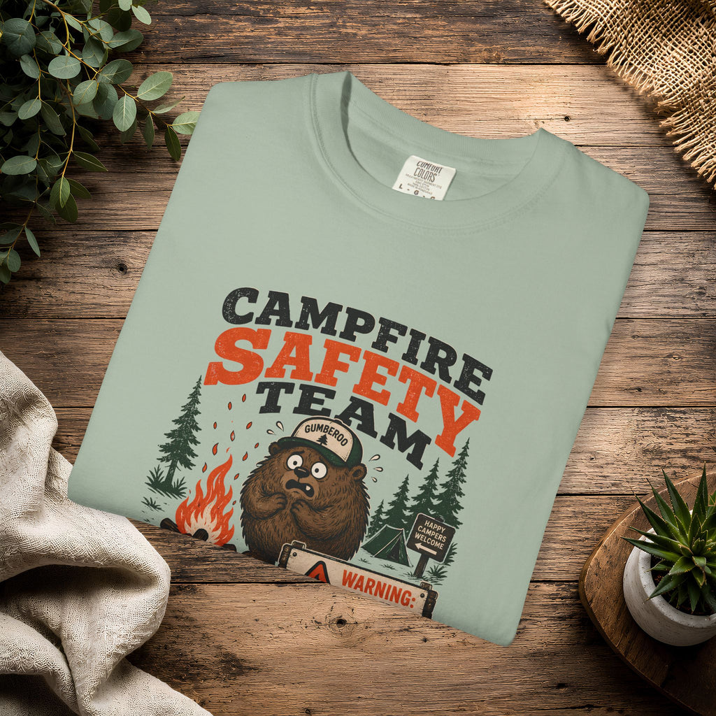 Gumberoo Campfire Safety Tee — Bear Cryptid Patch Graphic