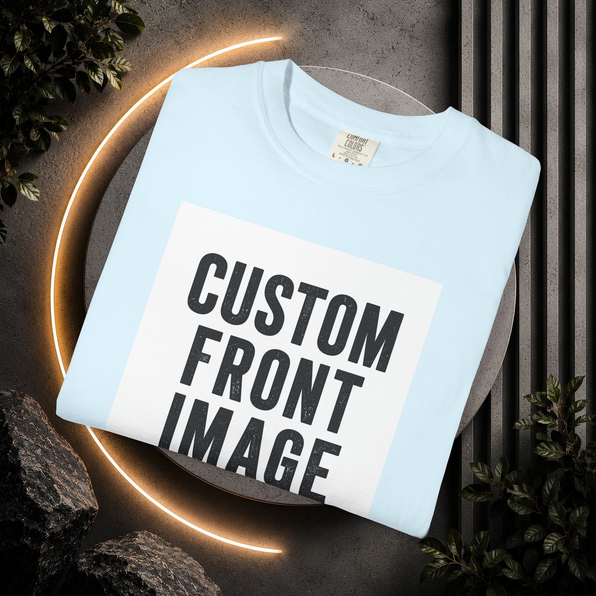 Custom Front Square Print T-Shirt — Personalized Text Bottom & Image Tee