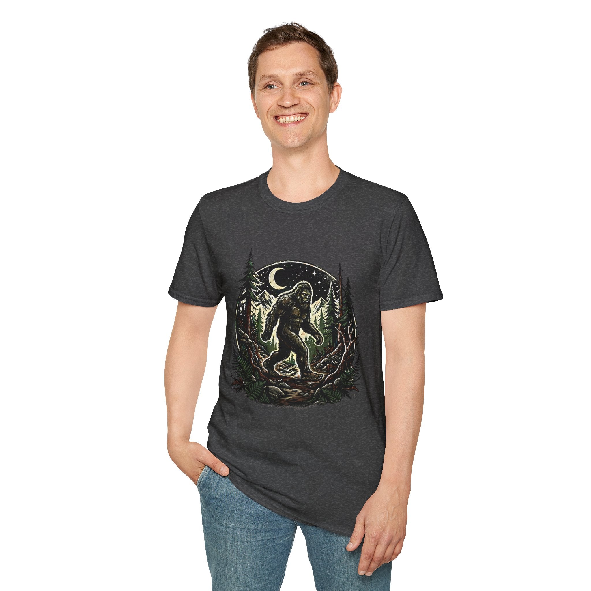 Bigfoot Forest Moon T-Shirt | Sasquatch Night Hiking Design