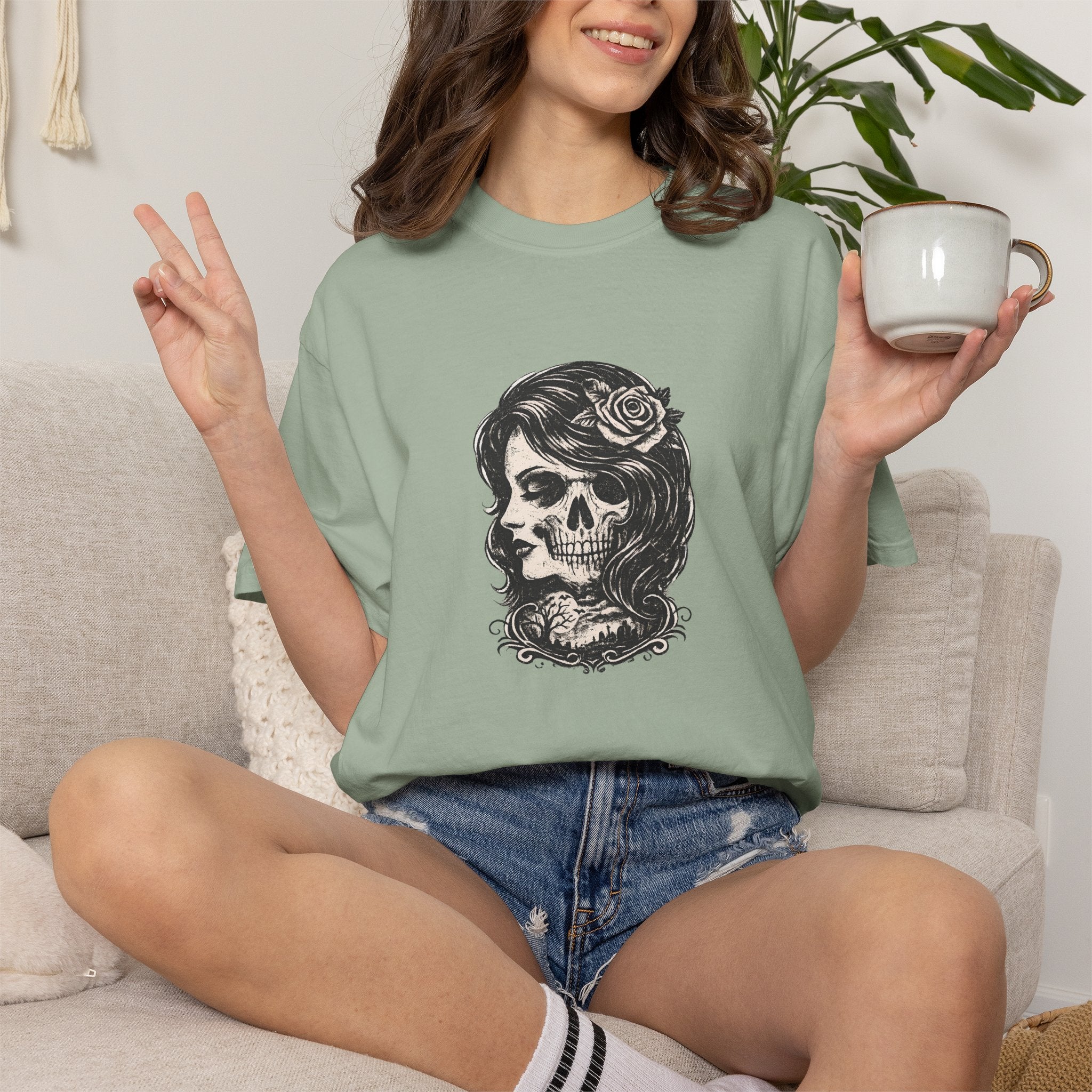 Skull Lady Rose T-Shirt — Vintage Day of the Dead Portrait Tee