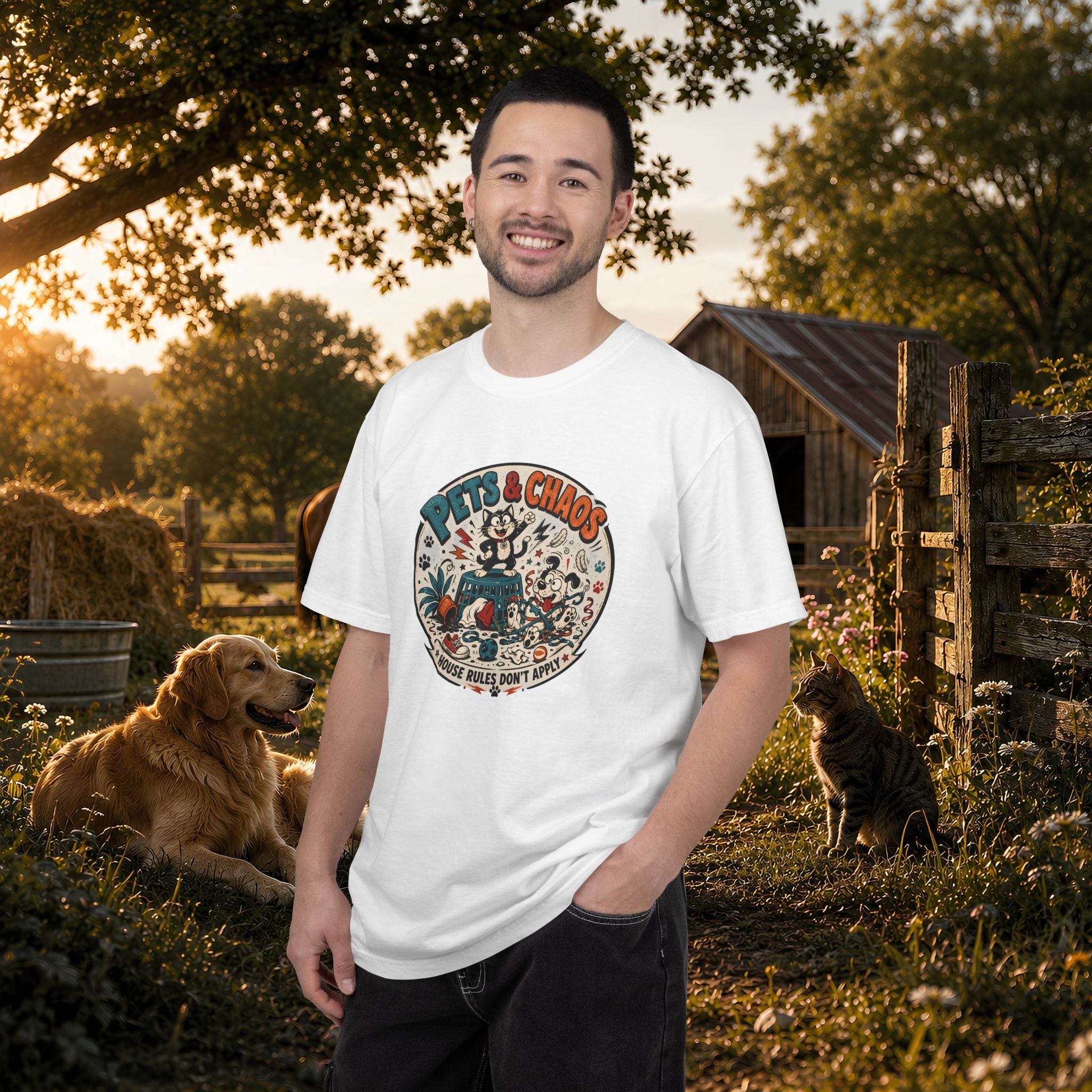 Pets & Chaos Graphic T-Shirt — "House Rules Don't Apply" Vintage Pet Lover Tee