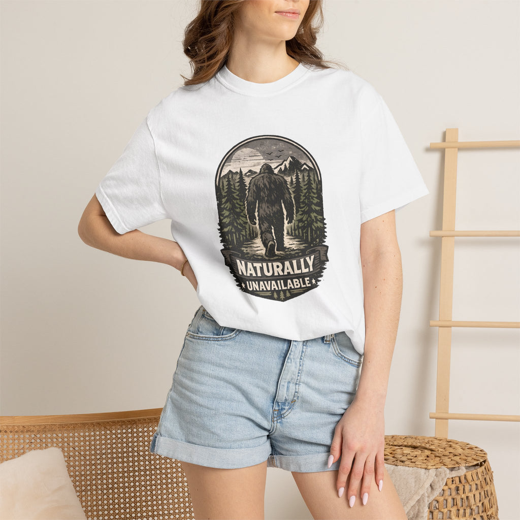 Bigfoot 'Naturally Unavailable' T-Shirt — Bigfoot Walking Into Forest Graphic