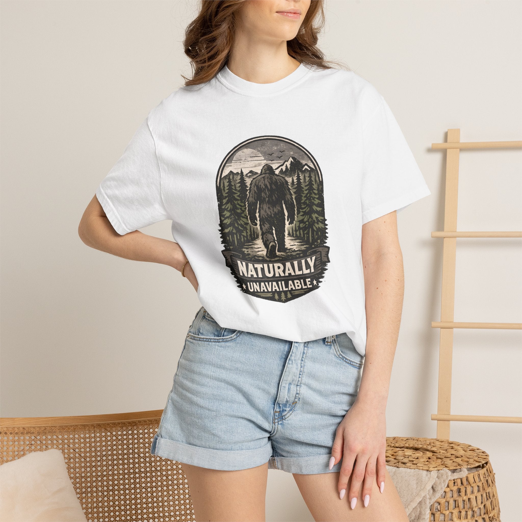 Bigfoot 'Naturally Unavailable' T-Shirt — Bigfoot Walking Into Forest Graphic