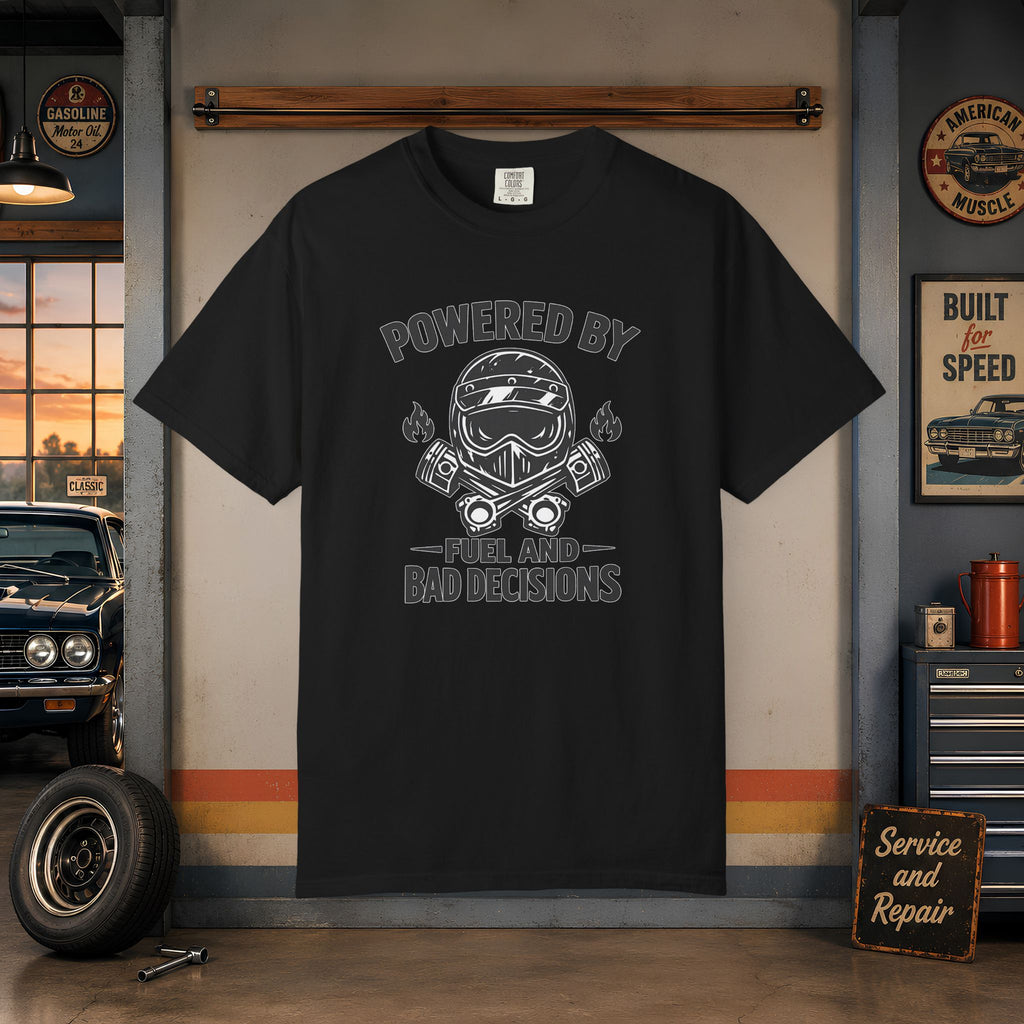 Powered By Fuel And Bad Decisions T-Shirt — Motorcycle Helmet Graphic Tee