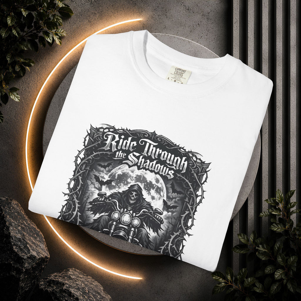 Ride Through Shadows T-Shirt — Gothic Skull Motorcycle Graphic Tee