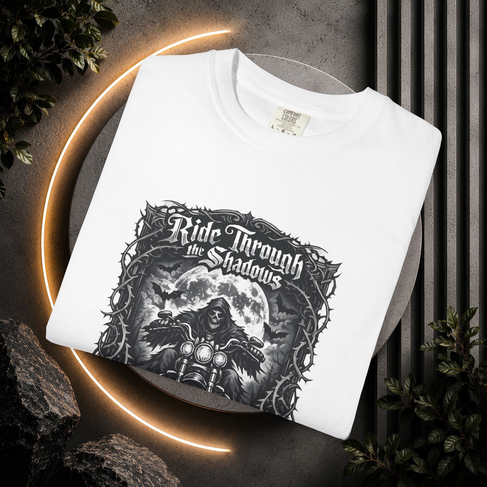 Ride Through Shadows T-Shirt — Gothic Skull Motorcycle Graphic Tee