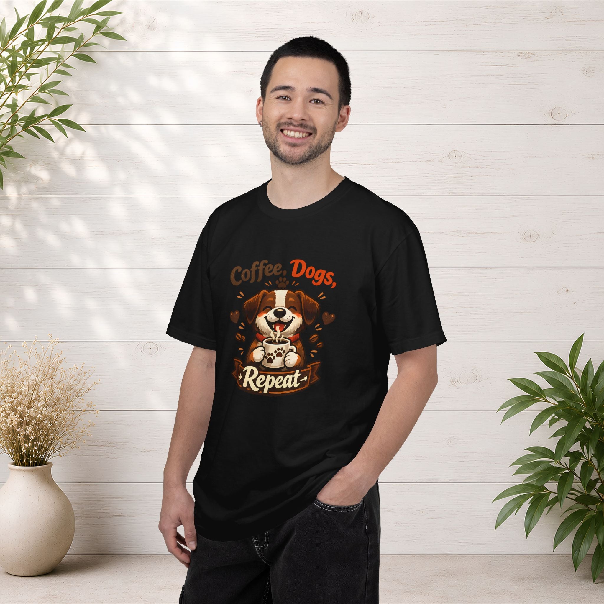 "Coffee, Dogs, Repeat" Cute Dog & Coffee Graphic T-Shirt