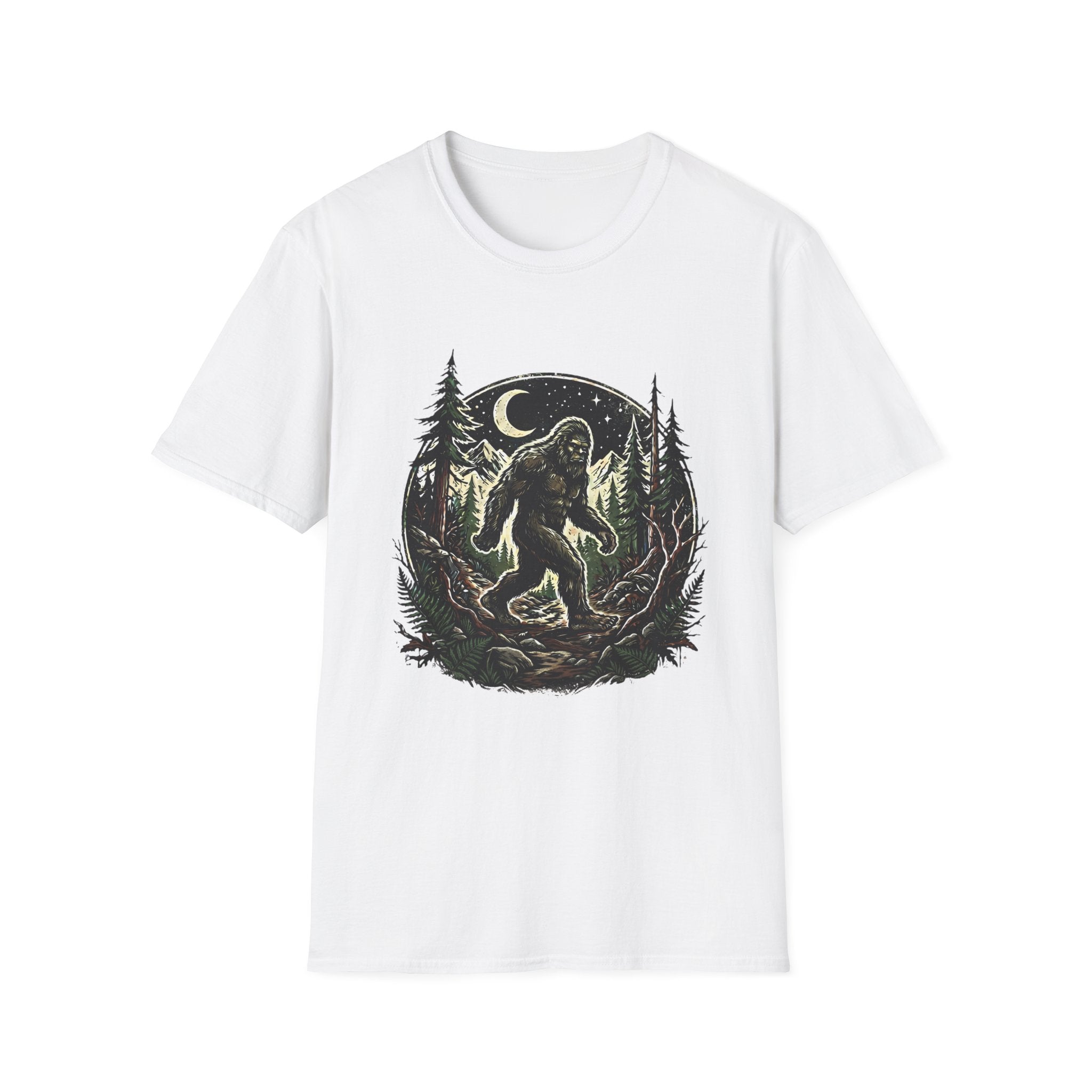 Bigfoot Forest Moon T-Shirt | Sasquatch Night Hiking Design