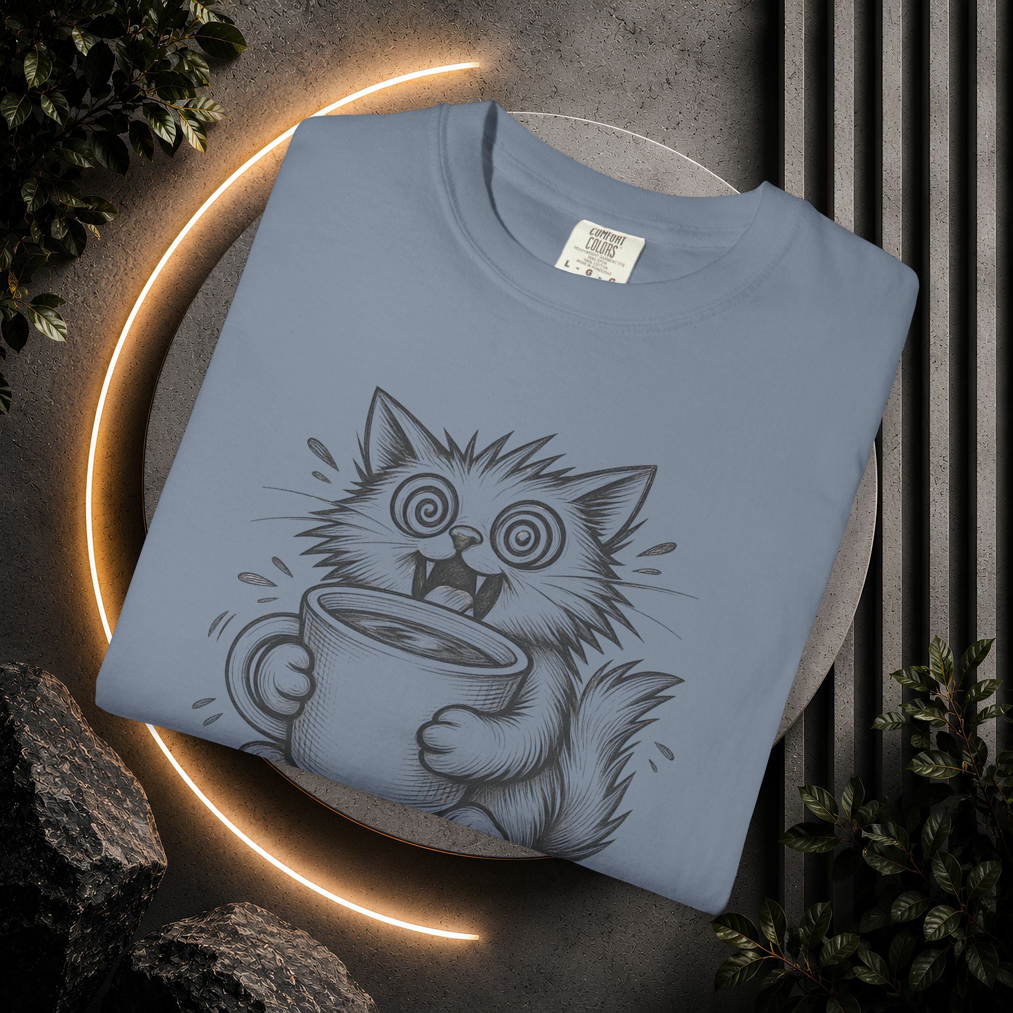 Caffeinated Cat T-Shirt — "Caffeinated Catastrophe" Coffee Lover Tee