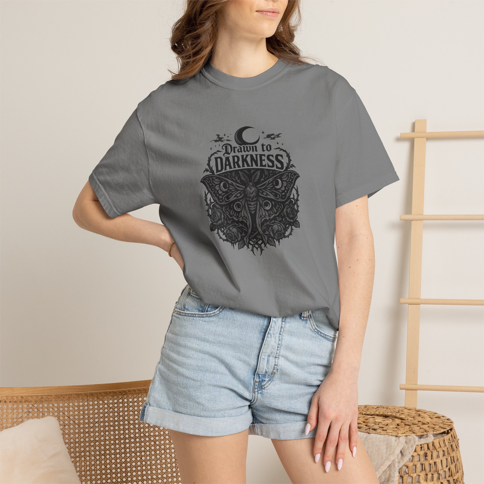 Dark Aesthetic T-Shirt — "Drawn to Darkness" Gothic Moon Graphic Tee