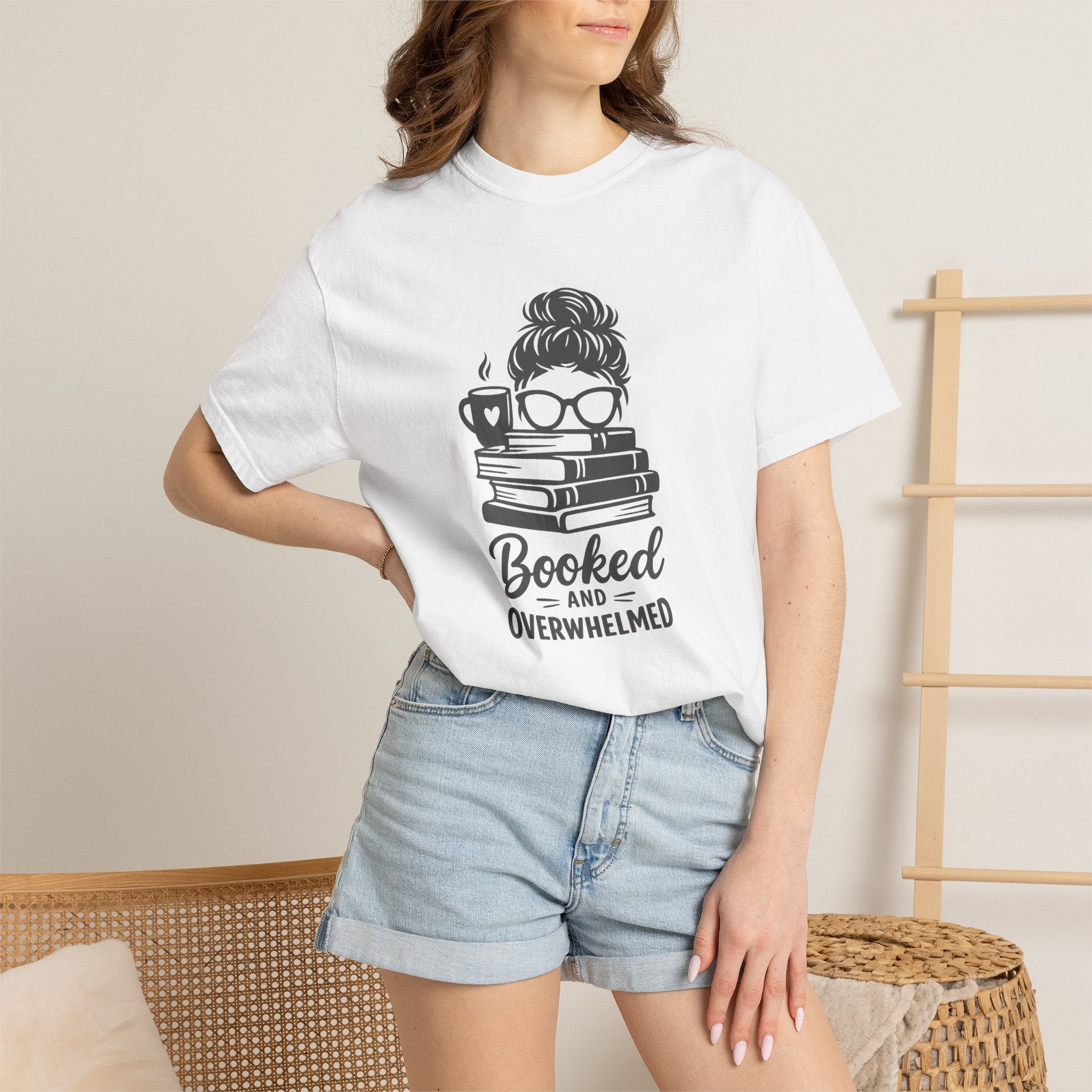 Book Lover T-Shirt — "Booked and Overwhelmed" Graphic Tee