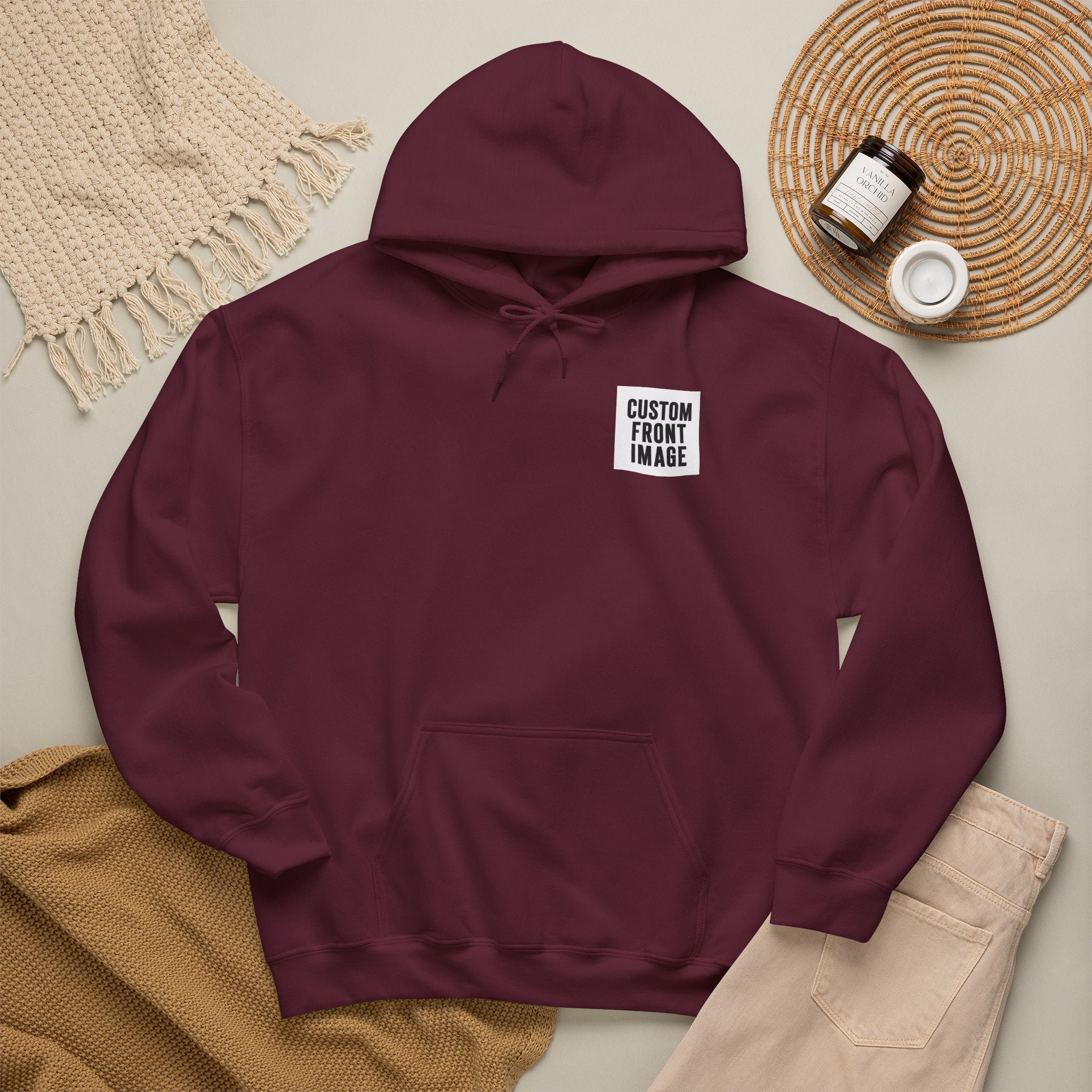 Custom Front Small Left Image Hoodie — Personalized White Pullover Hooded Sweatshirt