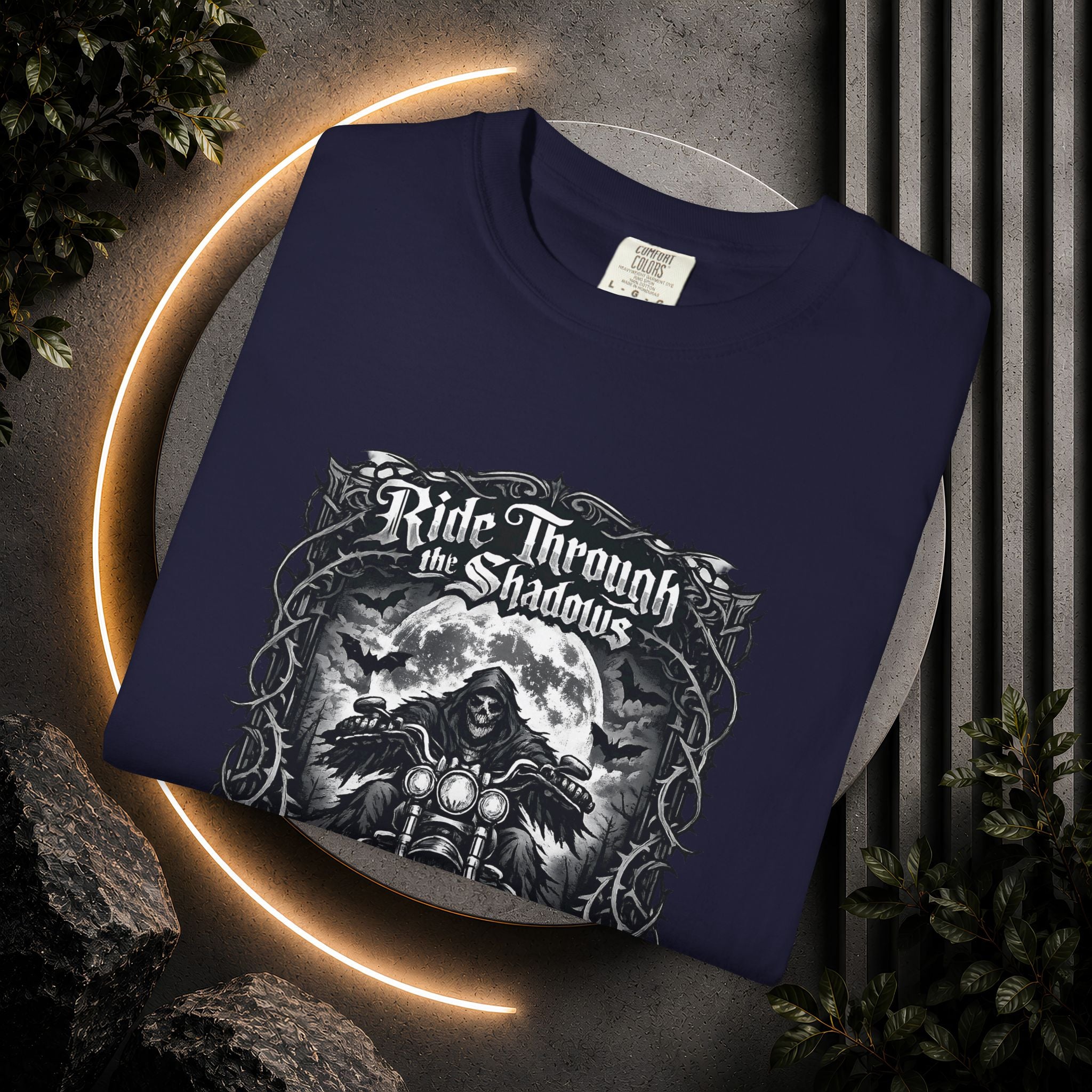 Ride Through Shadows T-Shirt — Gothic Skull Motorcycle Graphic Tee