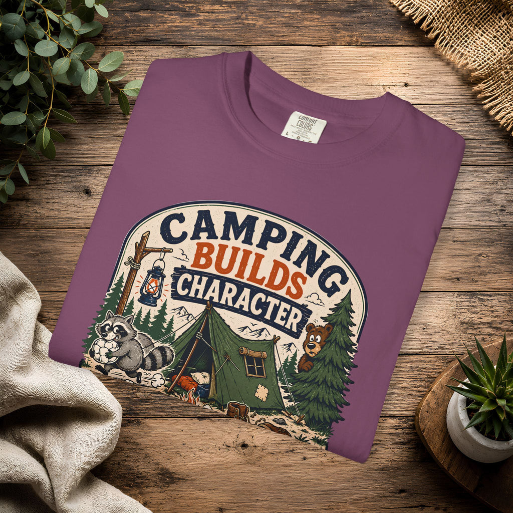 Camping Builds Character T-Shirt — Vintage Tent, Forest & Campfire Outdoor Tee