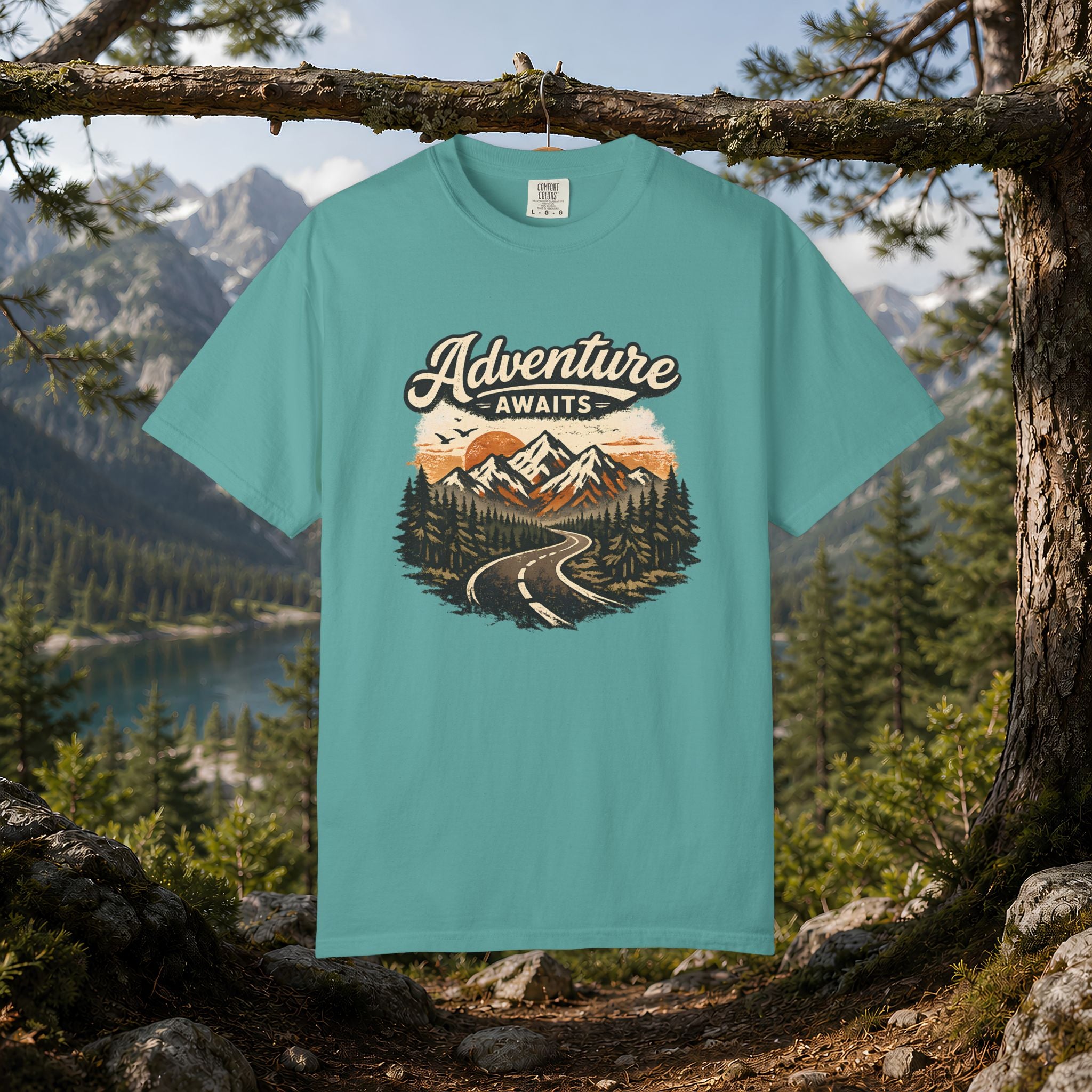 Adventure Awaits T-Shirt — Scenic Mountain Road Graphic Tee