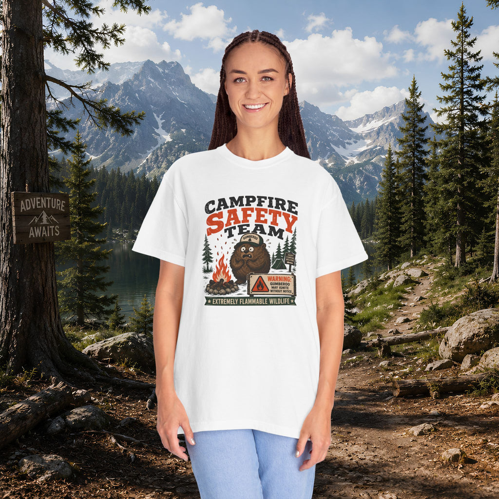 Gumberoo Campfire Safety Tee — Bear Cryptid Patch Graphic