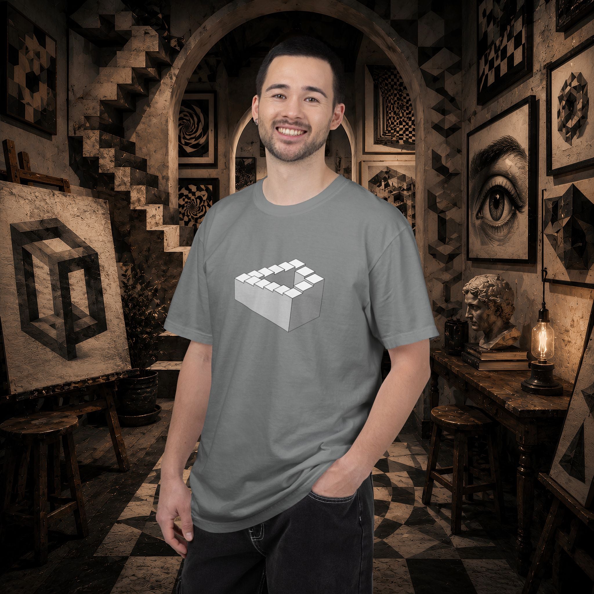 Optical Illusion Staircase Tee — Impossible Step Graphic T-Shirt