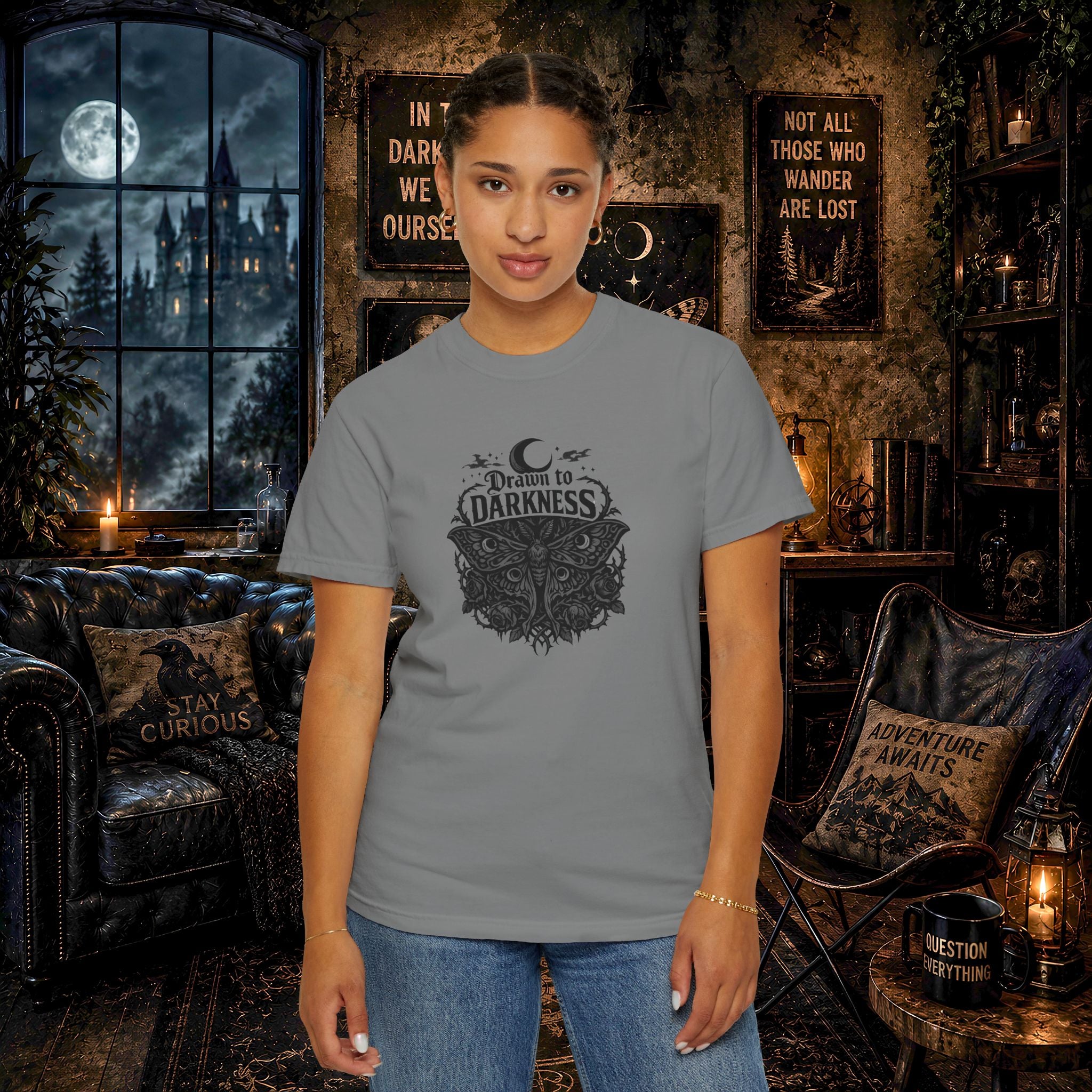 Dark Aesthetic T-Shirt — "Drawn to Darkness" Gothic Moon Graphic Tee