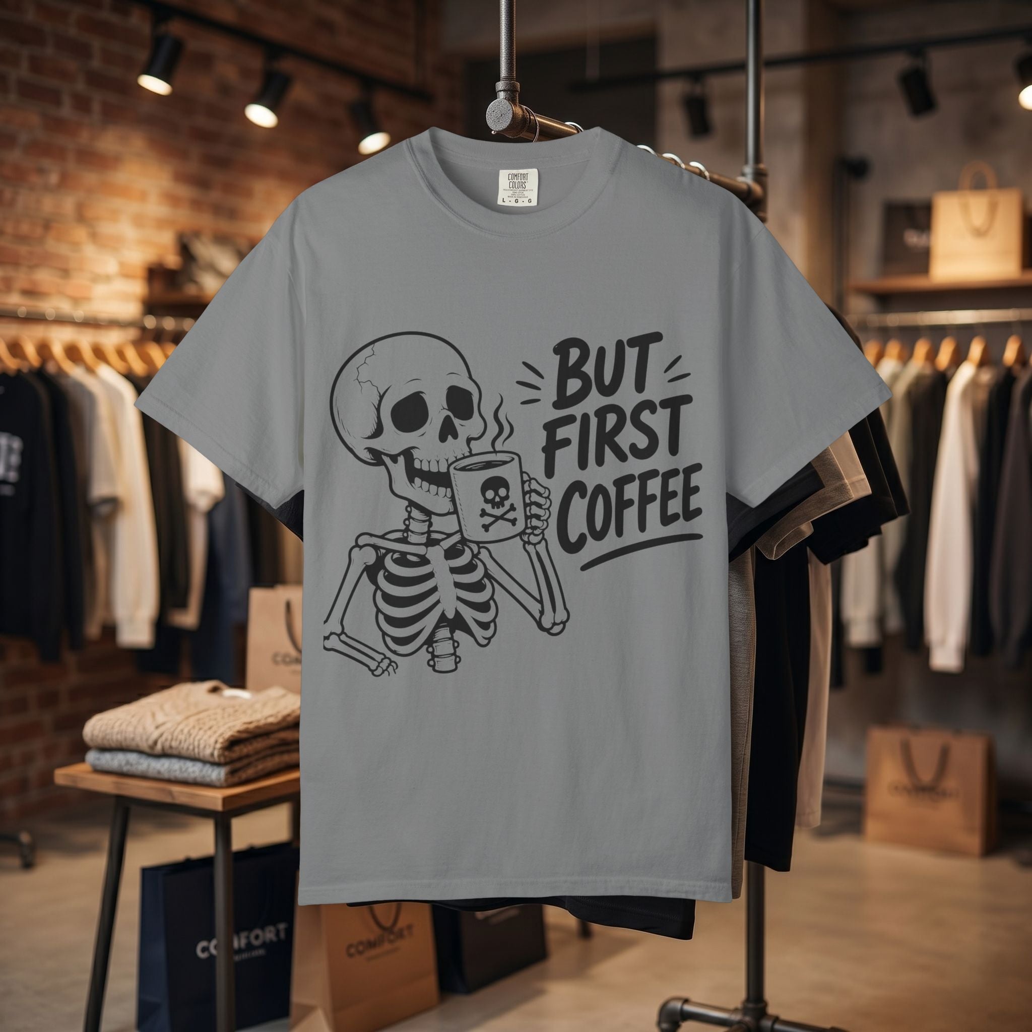 Skeleton Holding Coffee But First Coffee T-Shirt | Coffee Lover Tee