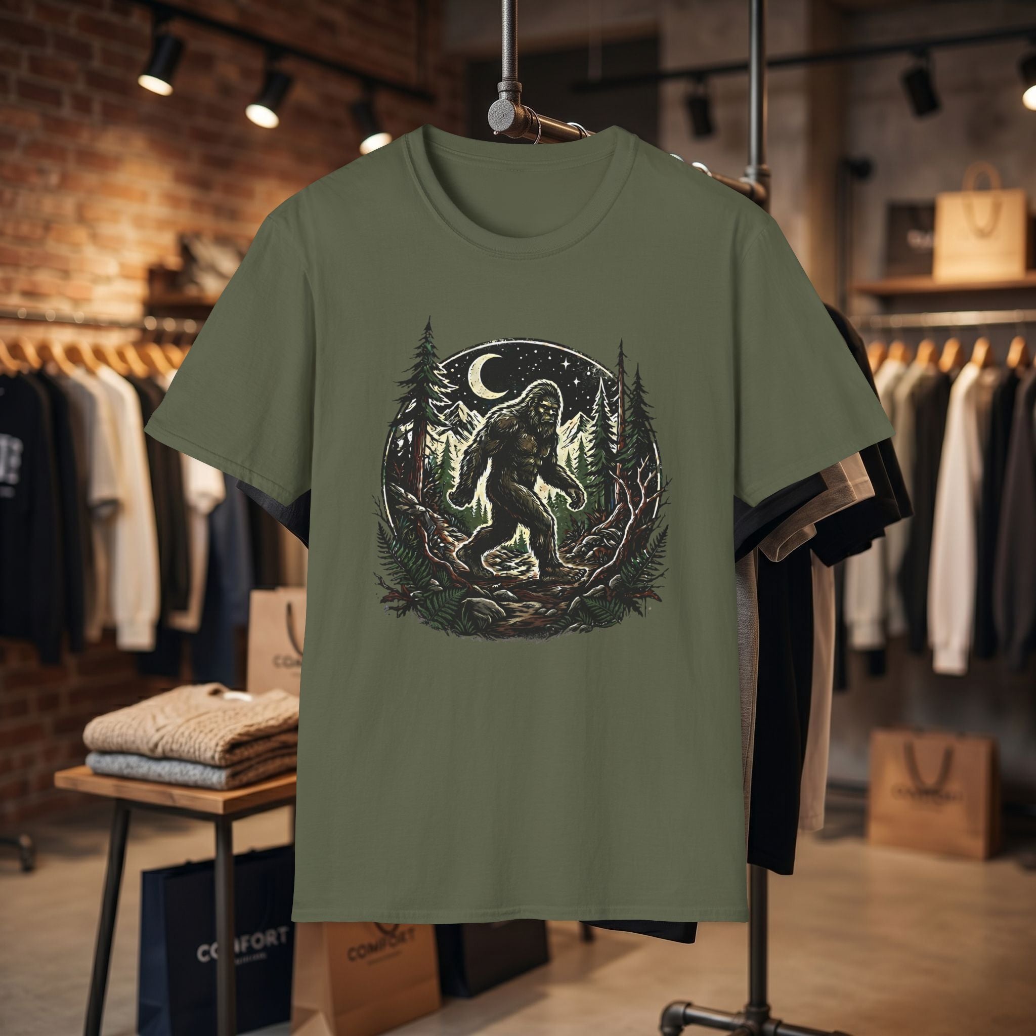 Bigfoot Forest Moon T-Shirt | Sasquatch Night Hiking Design