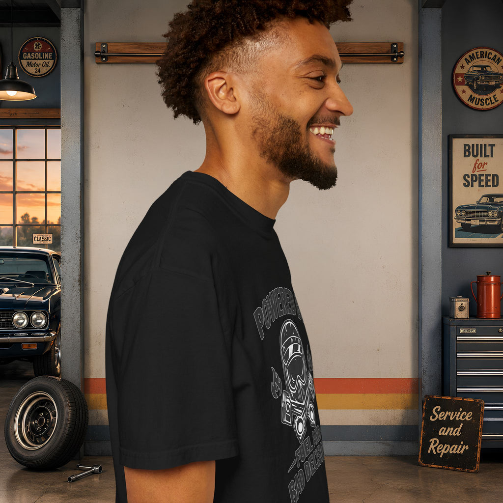 Powered By Fuel And Bad Decisions T-Shirt — Motorcycle Helmet Graphic Tee