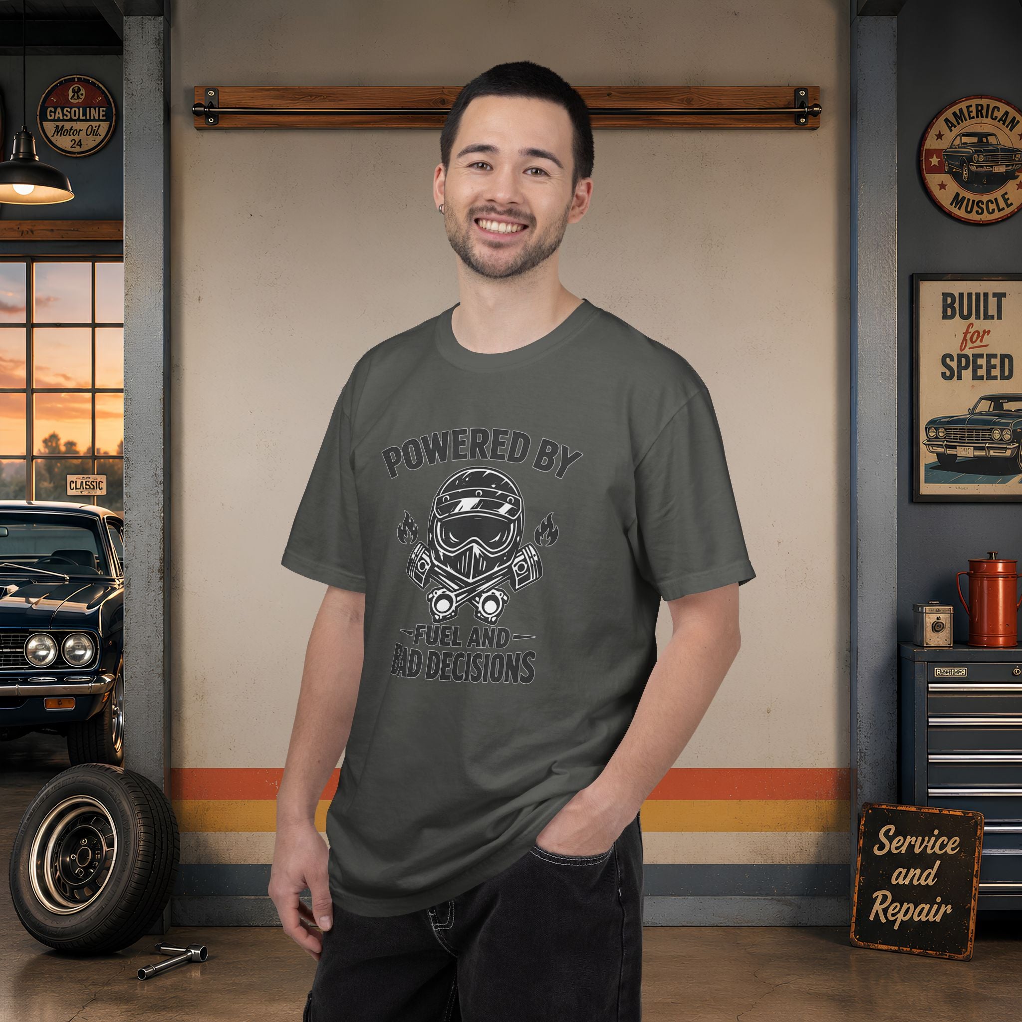 Powered By Fuel And Bad Decisions T-Shirt — Motorcycle Helmet Graphic Tee