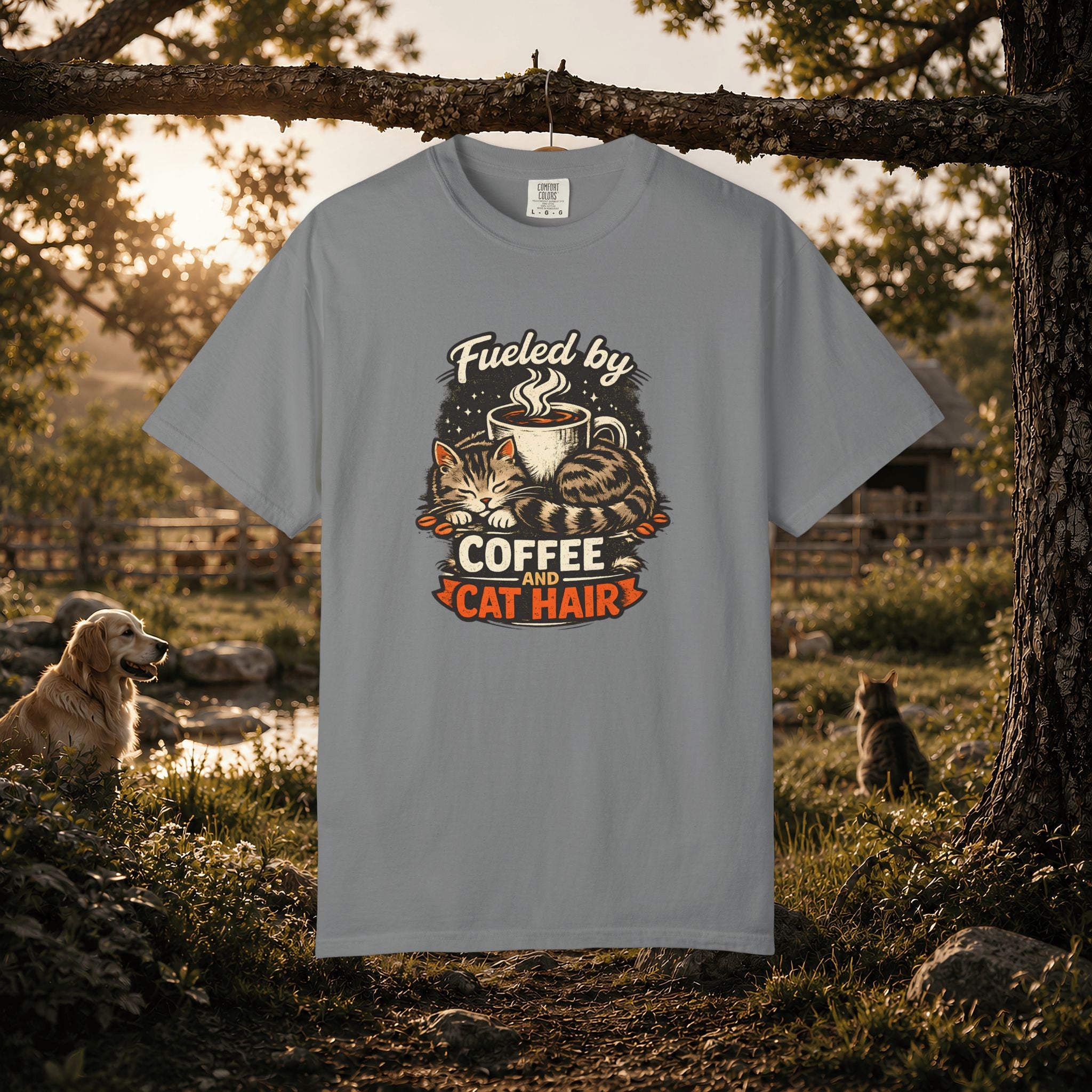 Coffee & Cat Hair T-Shirt — "Fueled by Coffee and Cat Hair" Graphic Tee