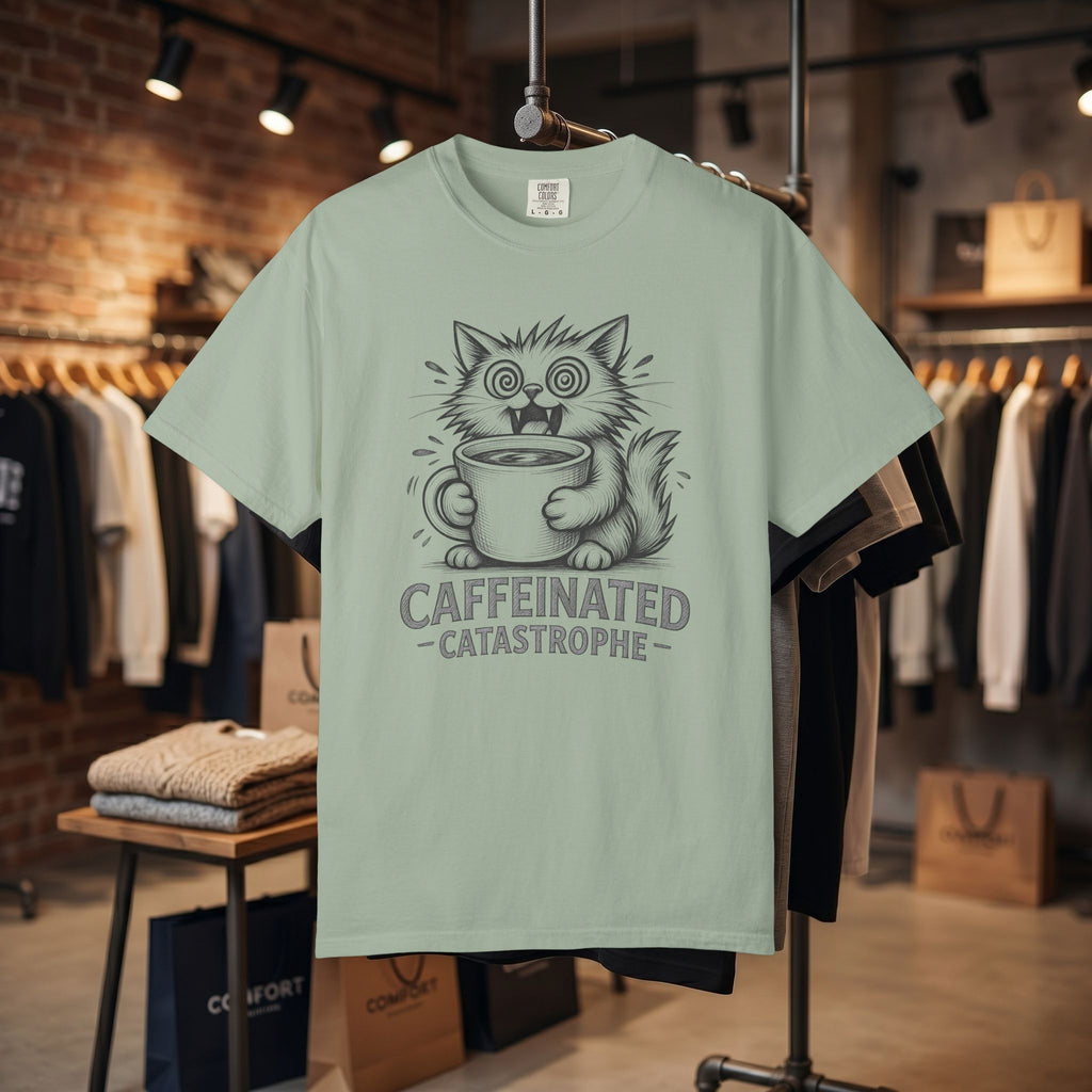 Caffeinated Cat T-Shirt — "Caffeinated Catastrophe" Coffee Lover Tee